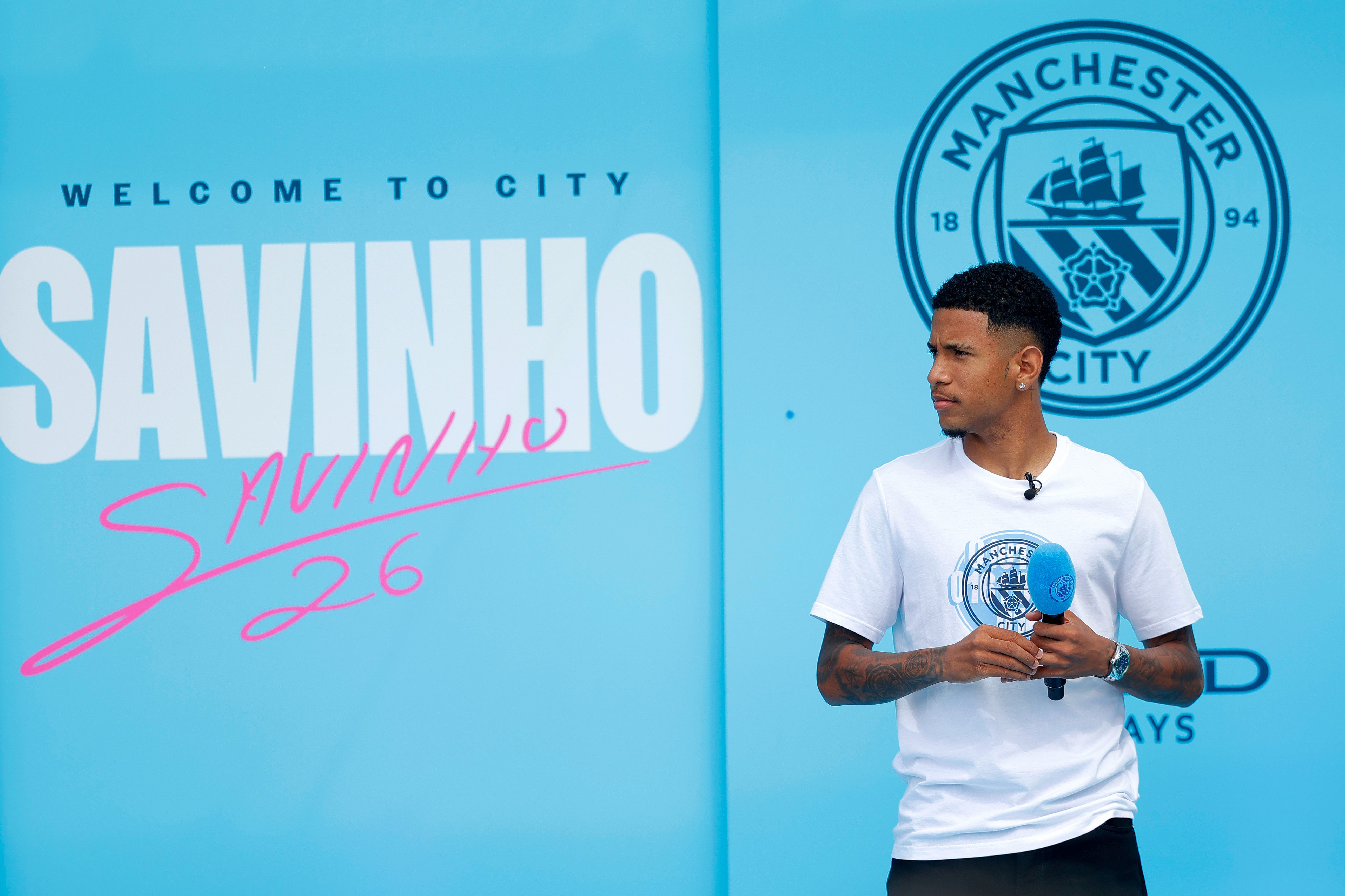 Savinho was unveiled at the Etihad Stadium on Sunday