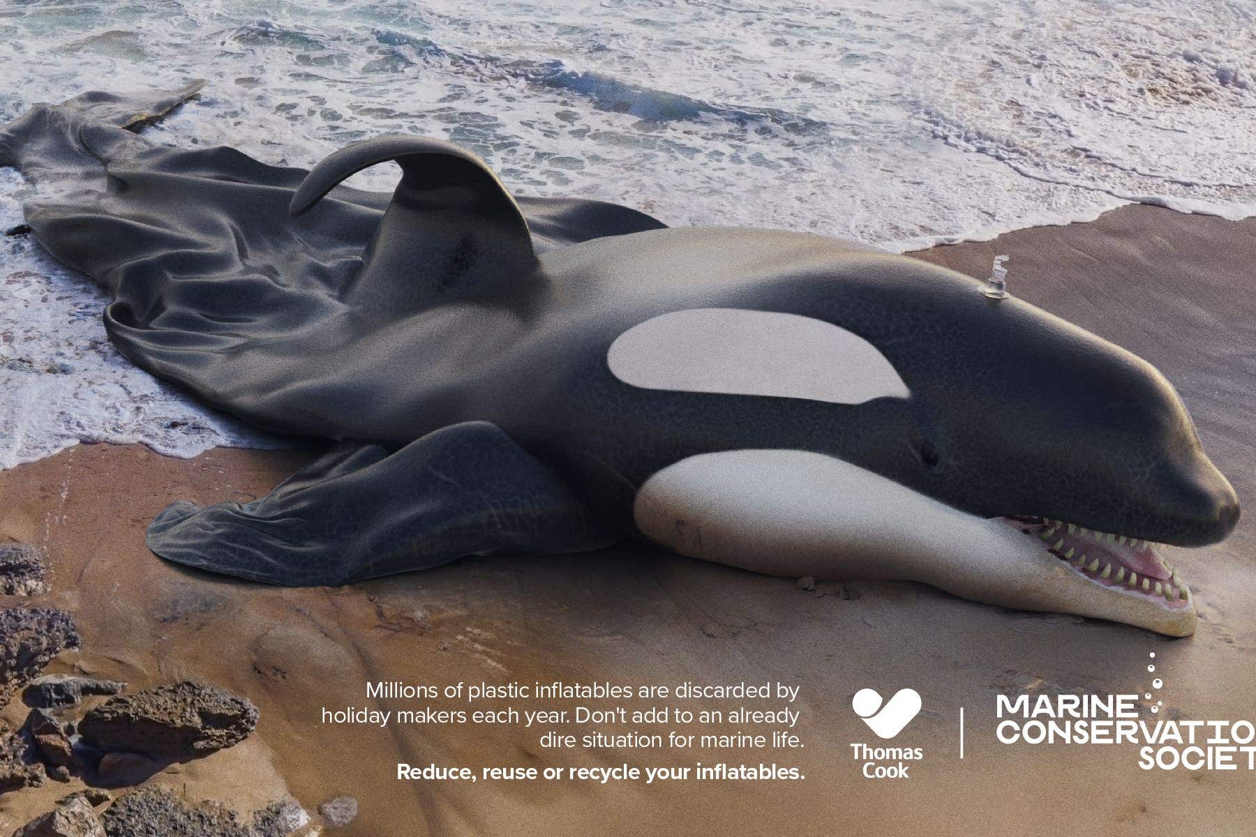 A series of adverts featuring an orca, a dolphin and a turtle depicted as half-deflated inflatables marooned on a beach, will be displayed on billboards nationwide. (Thomas Cook/Marine Conservation Society)