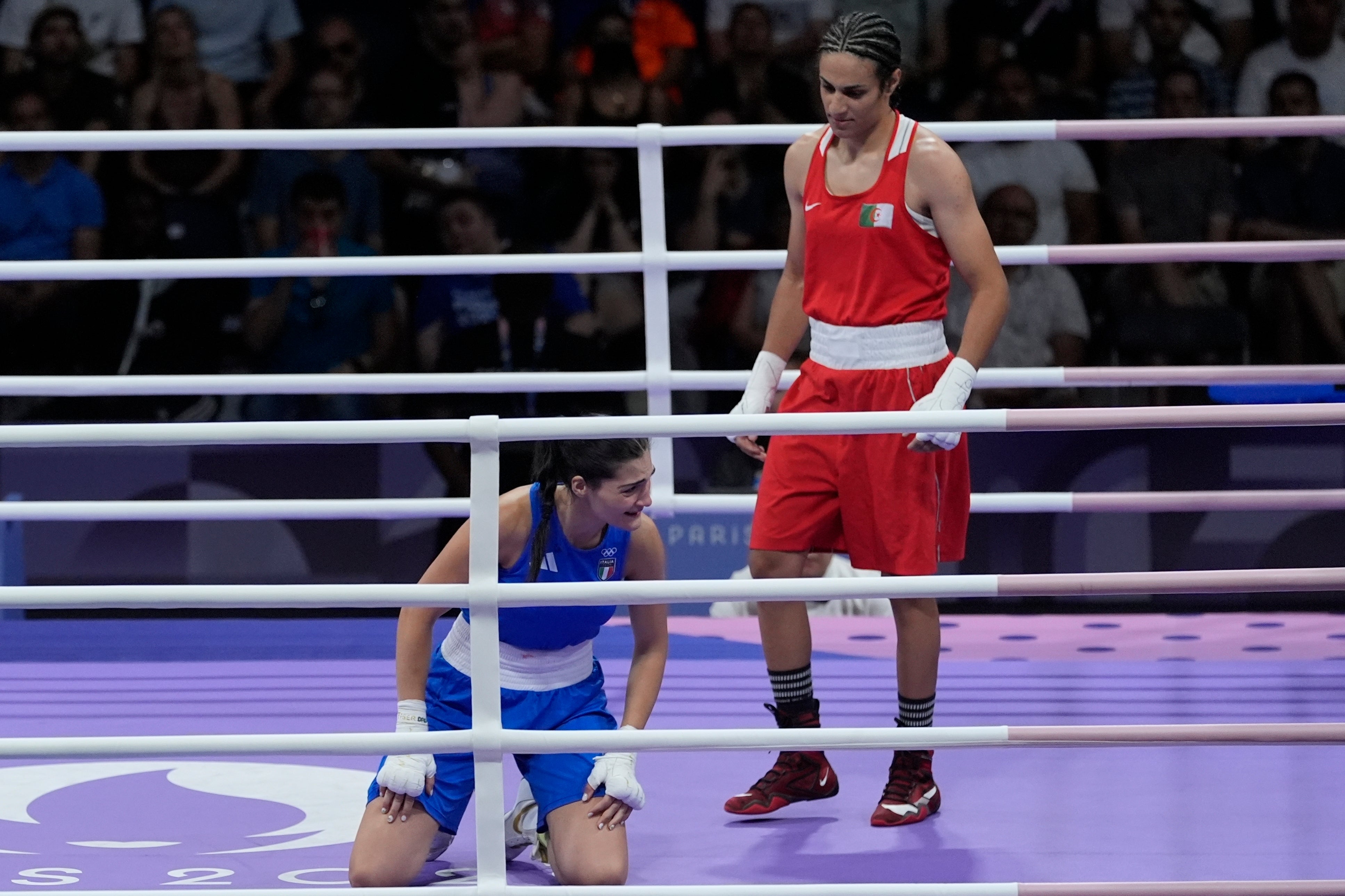 Imane Khelif (right) landed one significant punch on Angela Carini before the latter withdrew