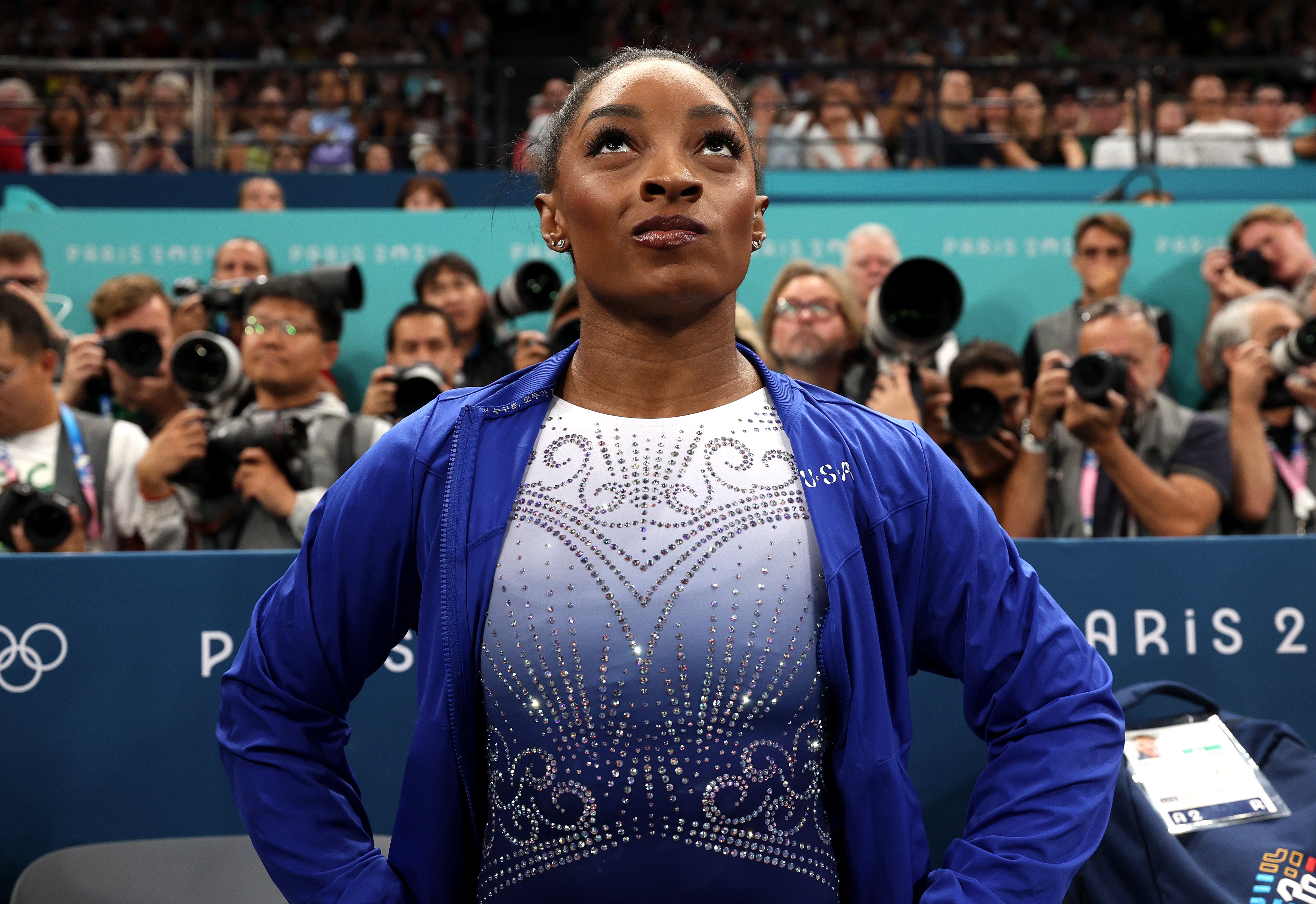 Simone Biles of Team United States reacts after competing in the Artistic Gymnastics Women's Balance Beam Final