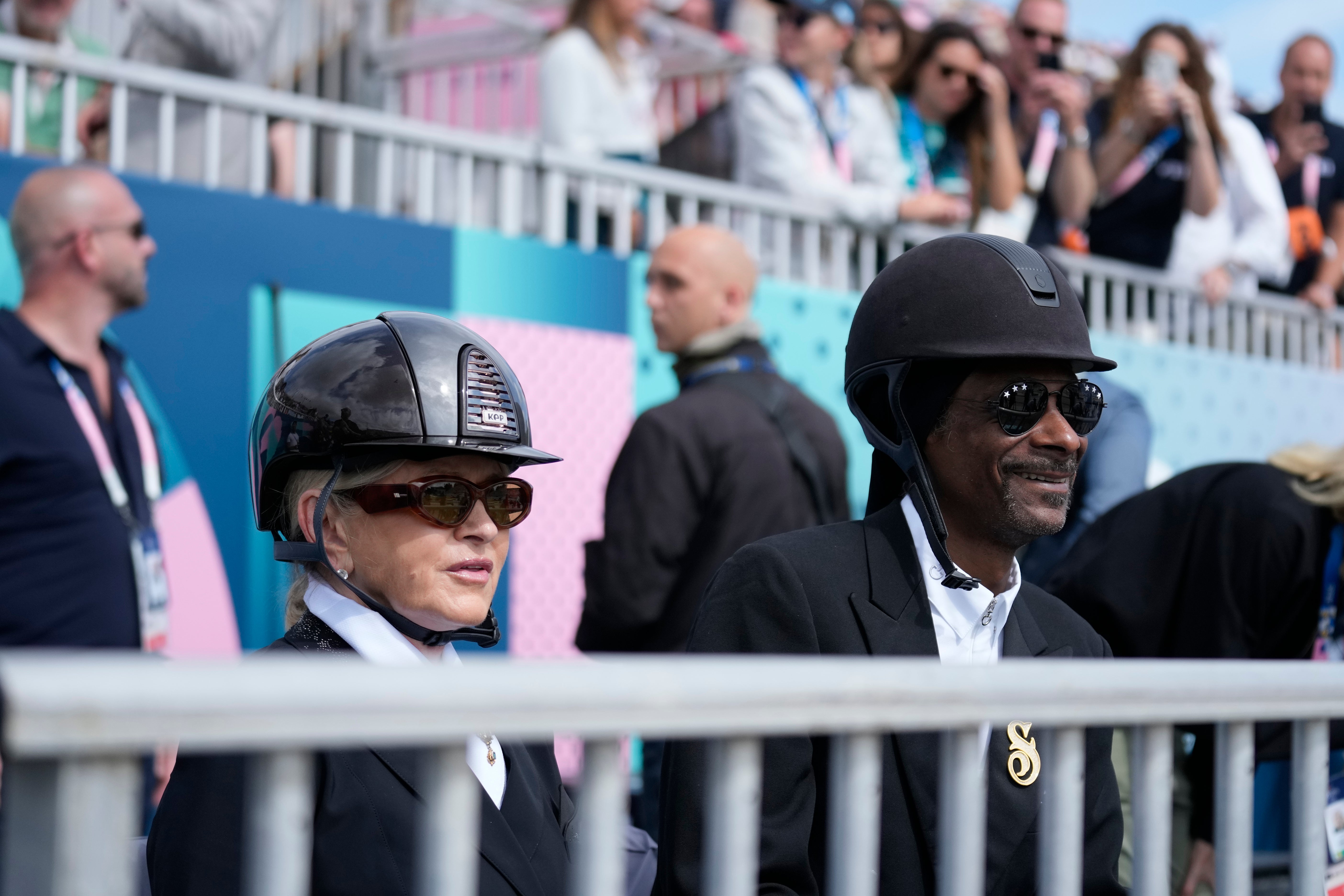 Snoop Dogg and Martha Stewart watch the dressage team Grand Prix final at the Paris 2024 Olympics