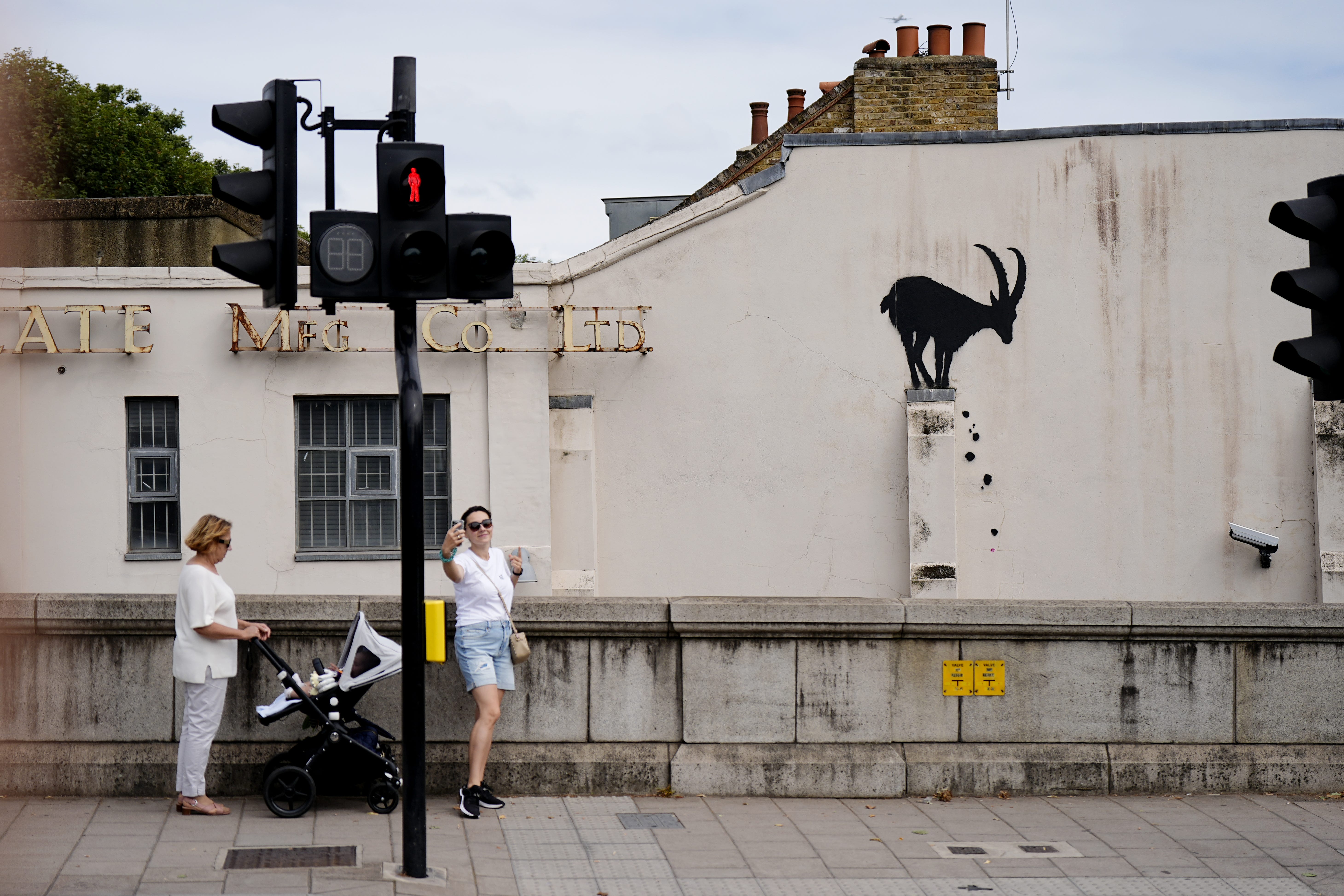 Members of the public walking past the new artwork featuring the silhouette of a goat (Aaron Chown/PA)