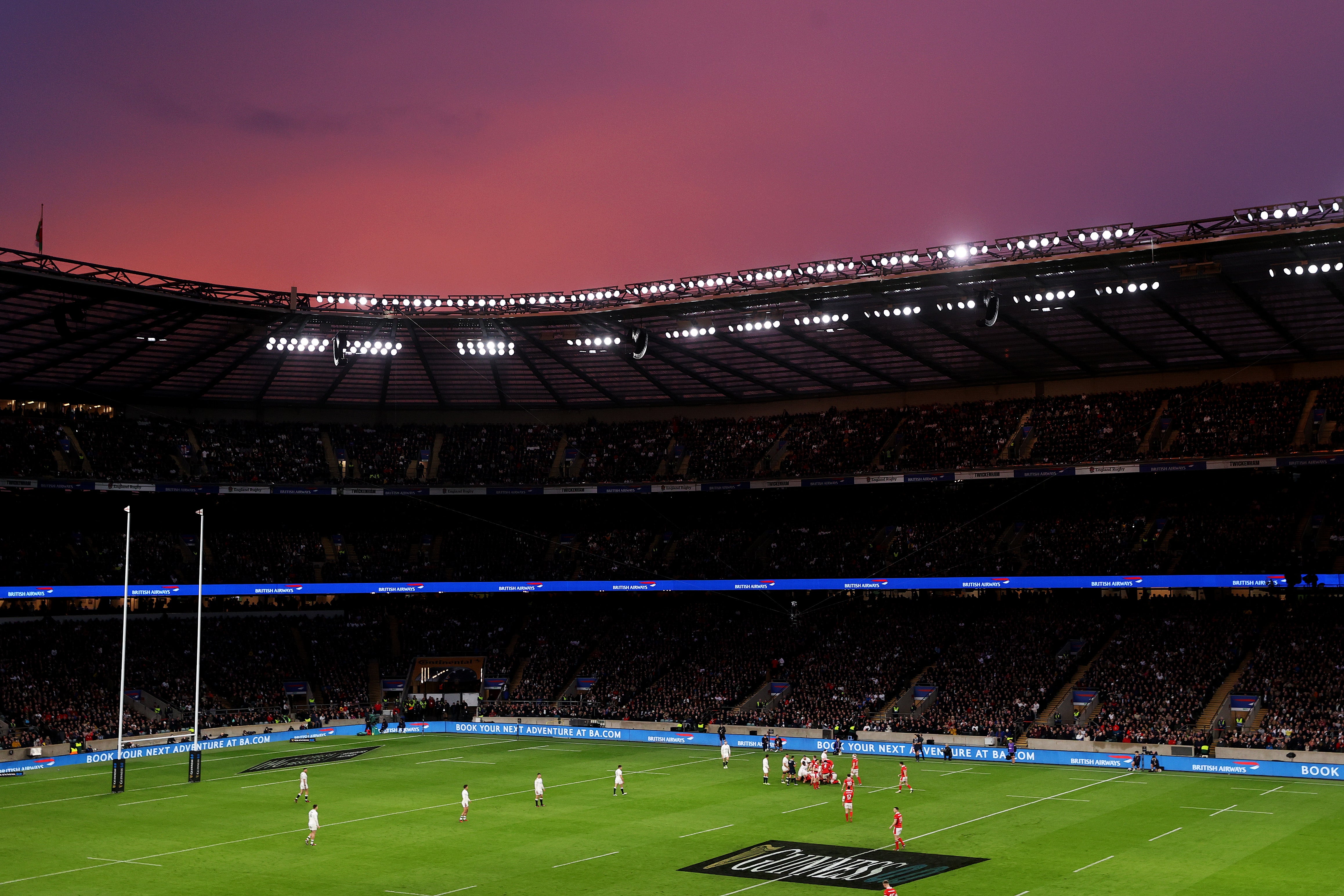 A general view of play as the sun sets during the Guinness Six Nations 2024