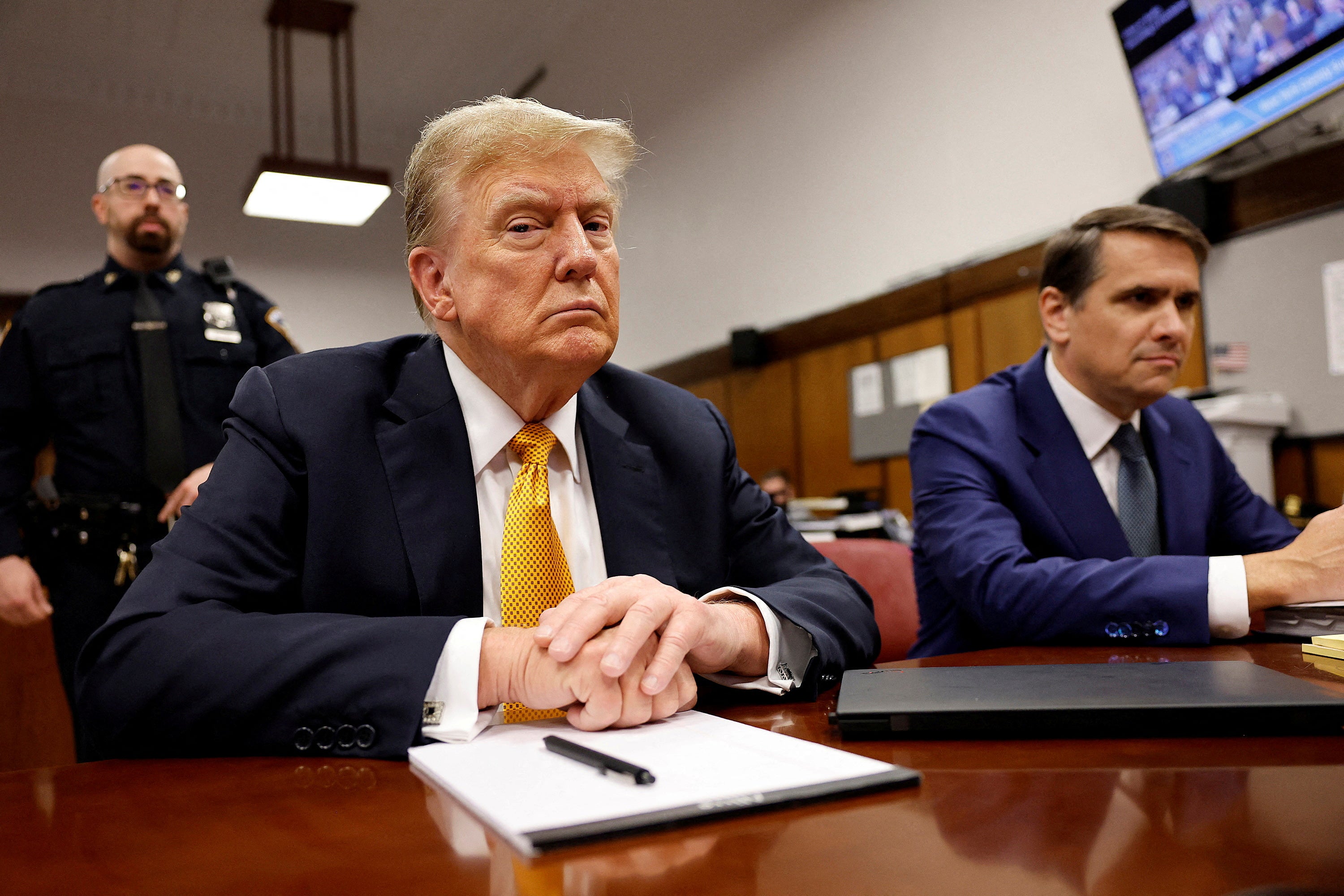 Donald Trump sits in a criminal courtroom next to his attorney Todd Blanche on May 21. The Supreme Court has shot down an attempt from a Trump ally to throw out a gag order in the case.