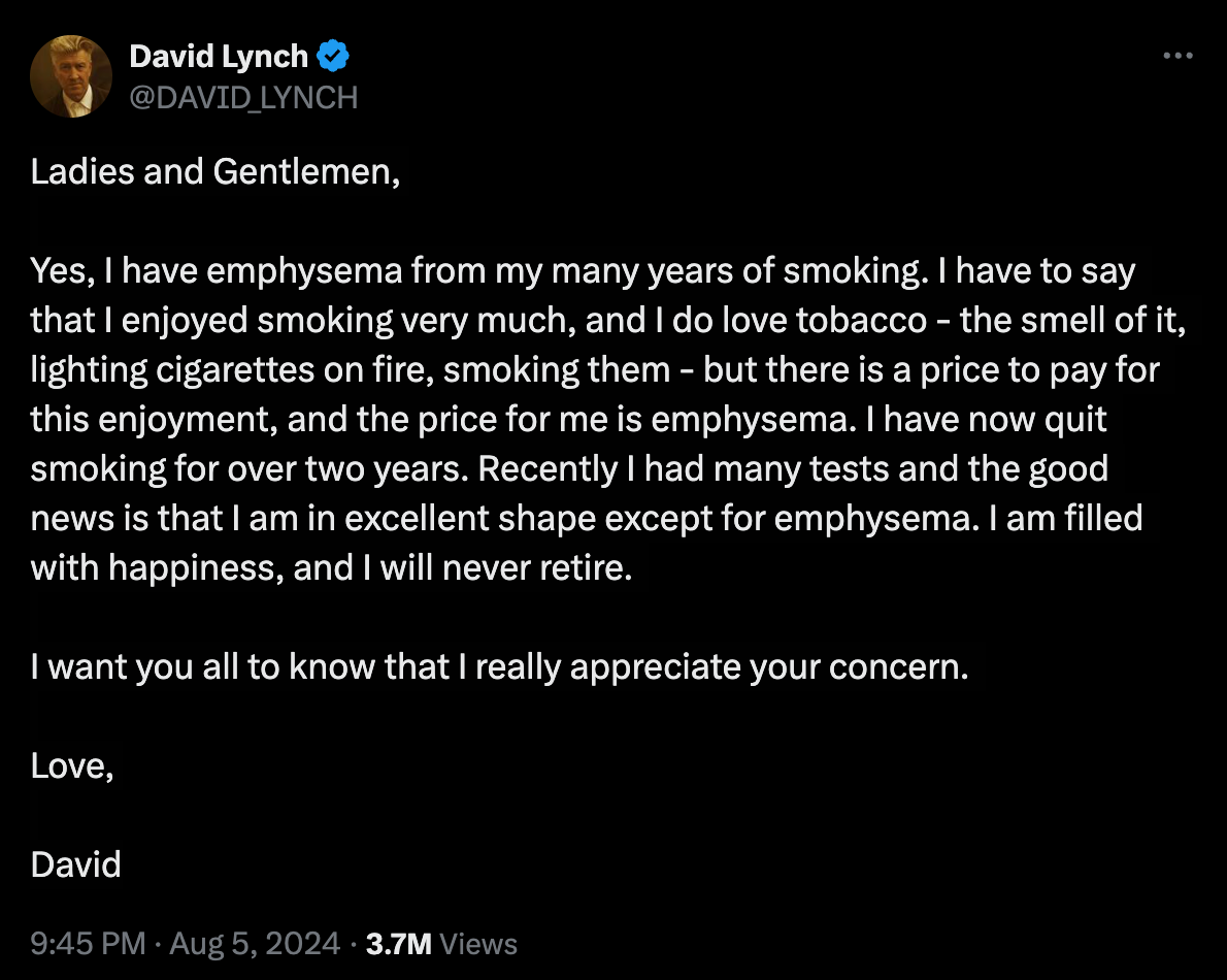 David Lynch shares update on his health