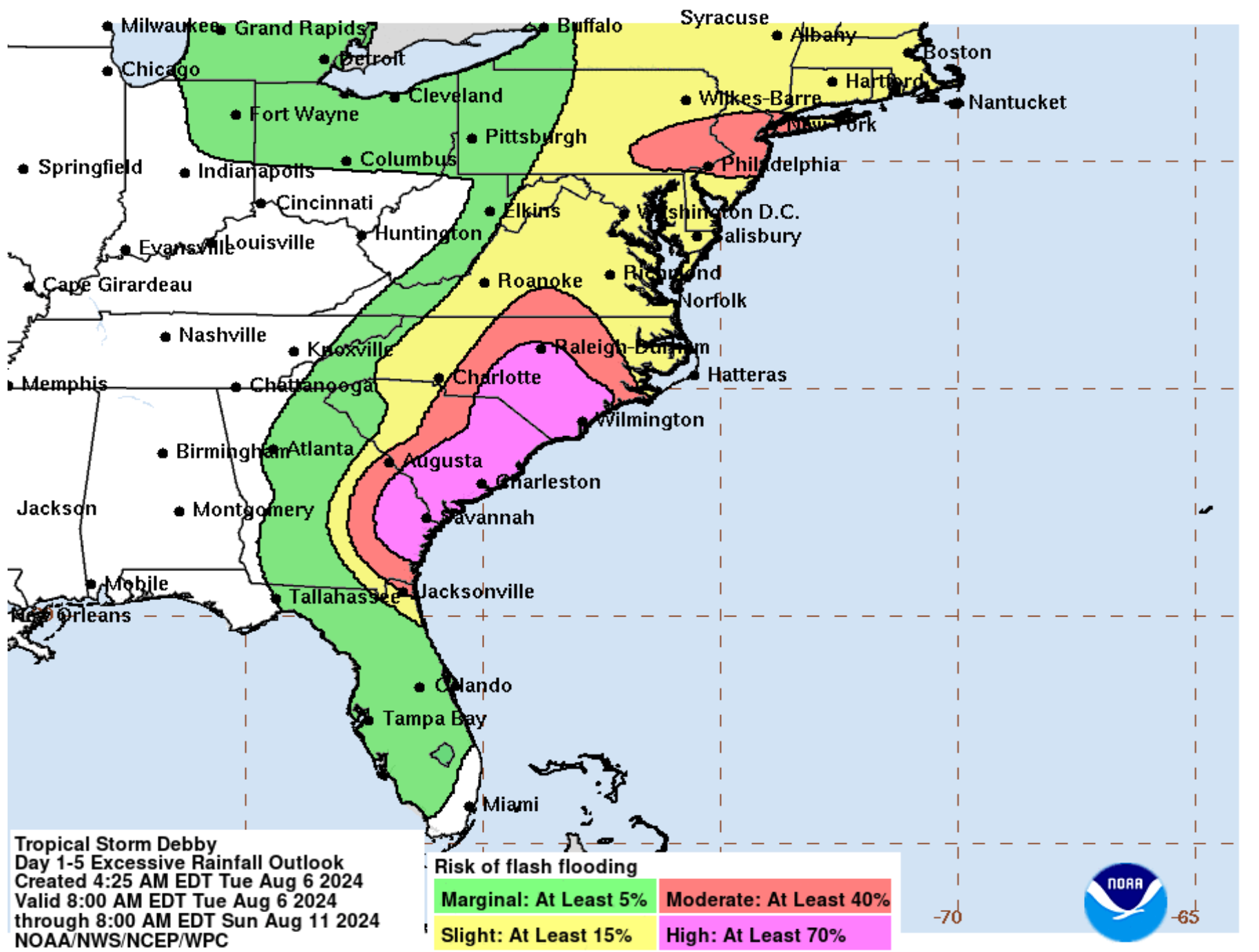 Map shows latest flash flood probabilities for Tropical Storm Debby