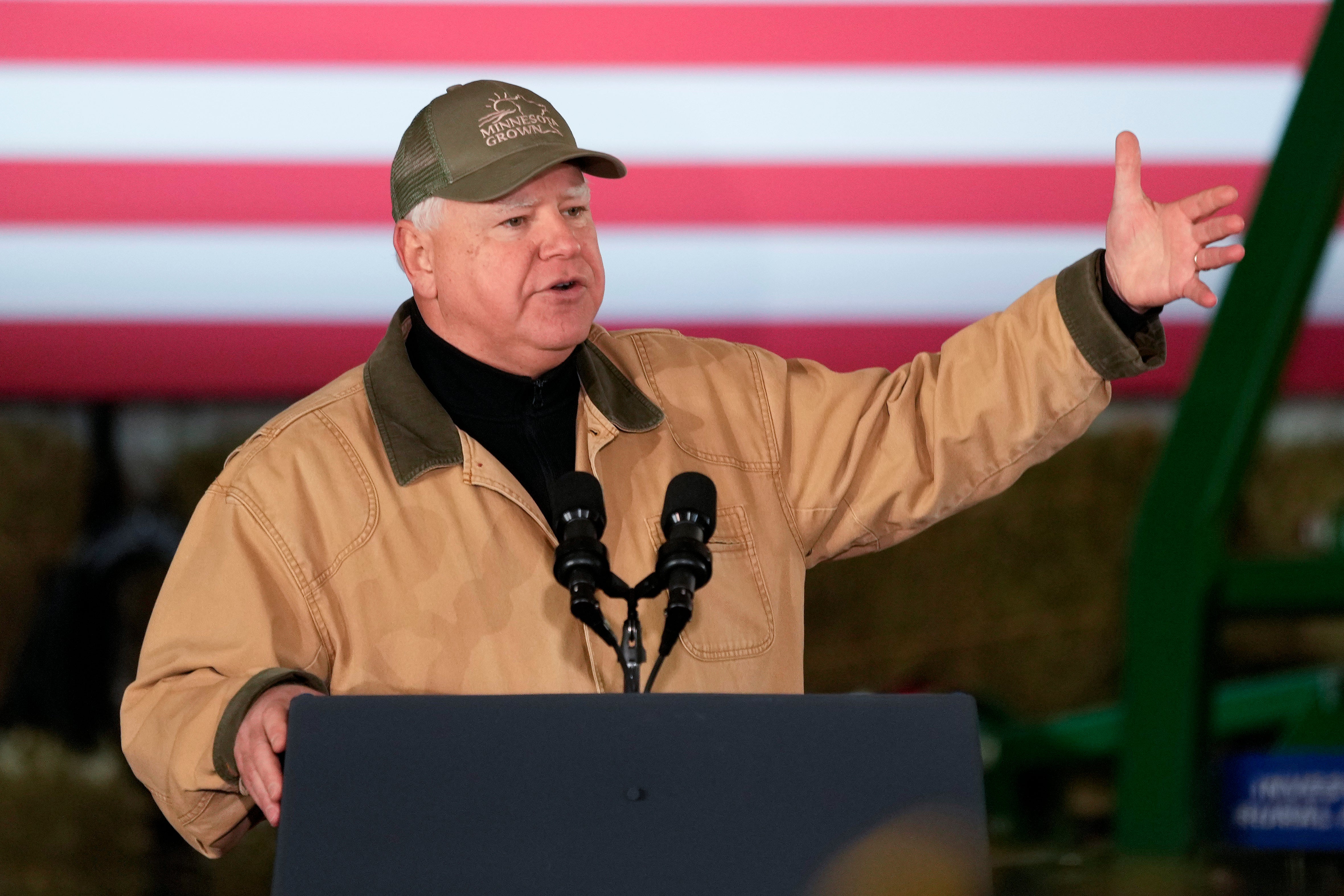 Minnesota Gov. Tim Walz speaks before President Joe Biden at Dutch Creek Farms, Nov. 1, 2023, in Northfield, Minnesota