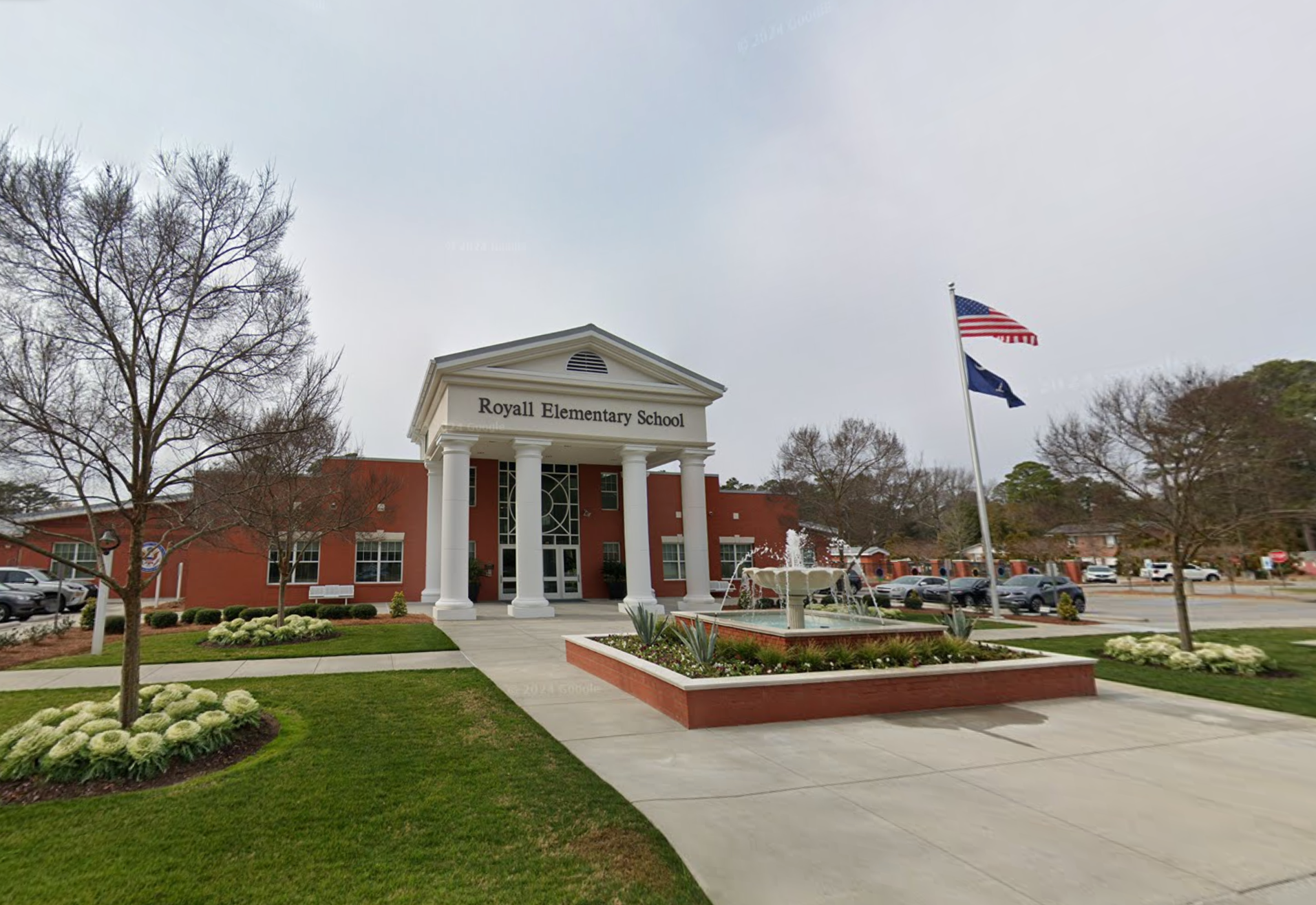 Royall Elementary School in Florence, South Carolina. Several employees at the school were fired or placed on leave on August 1 after images of a staff event, meant to depict a ‘cantina’, showed staffers in US Border Patrol shirts standing in front of a fake border wall