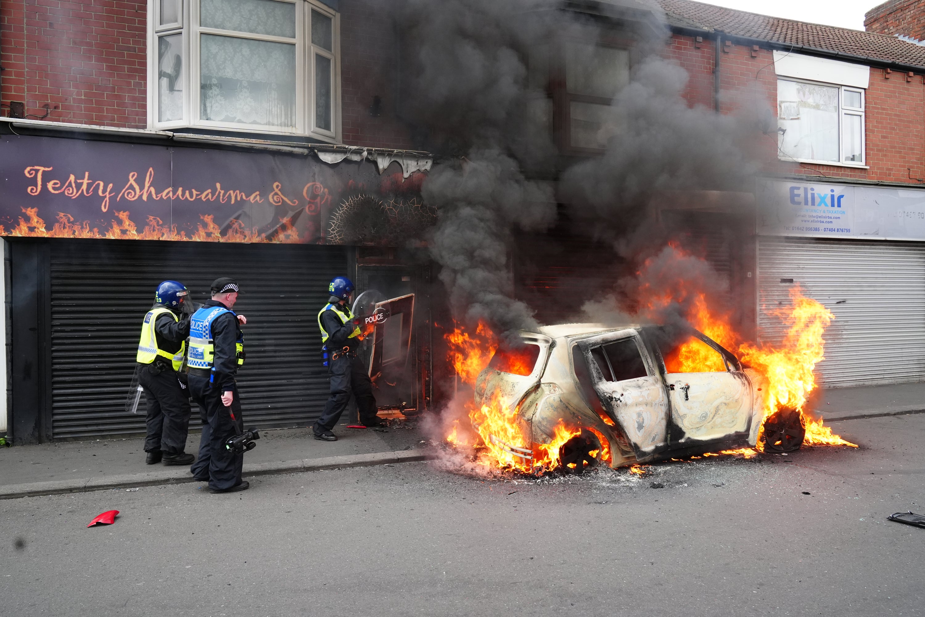 A car burns in Parliament Road, Middlesbrough