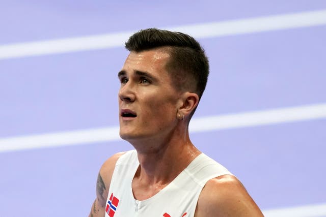 <p>Jakob Ingebrigtsen, of Norway, reacts after finishing fourth</p>