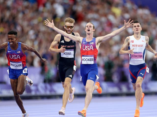 <p>Cole Hocker springs a shock on the line to beat Britain’s Josh Kerr in the 1500m final, with Jakob Ingebrigtsen of Norway outside the medals </p>