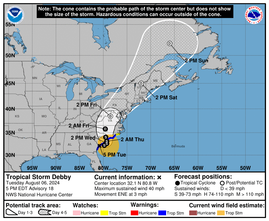 Tropical Storm Debby’s expected path as of Tuesday evening