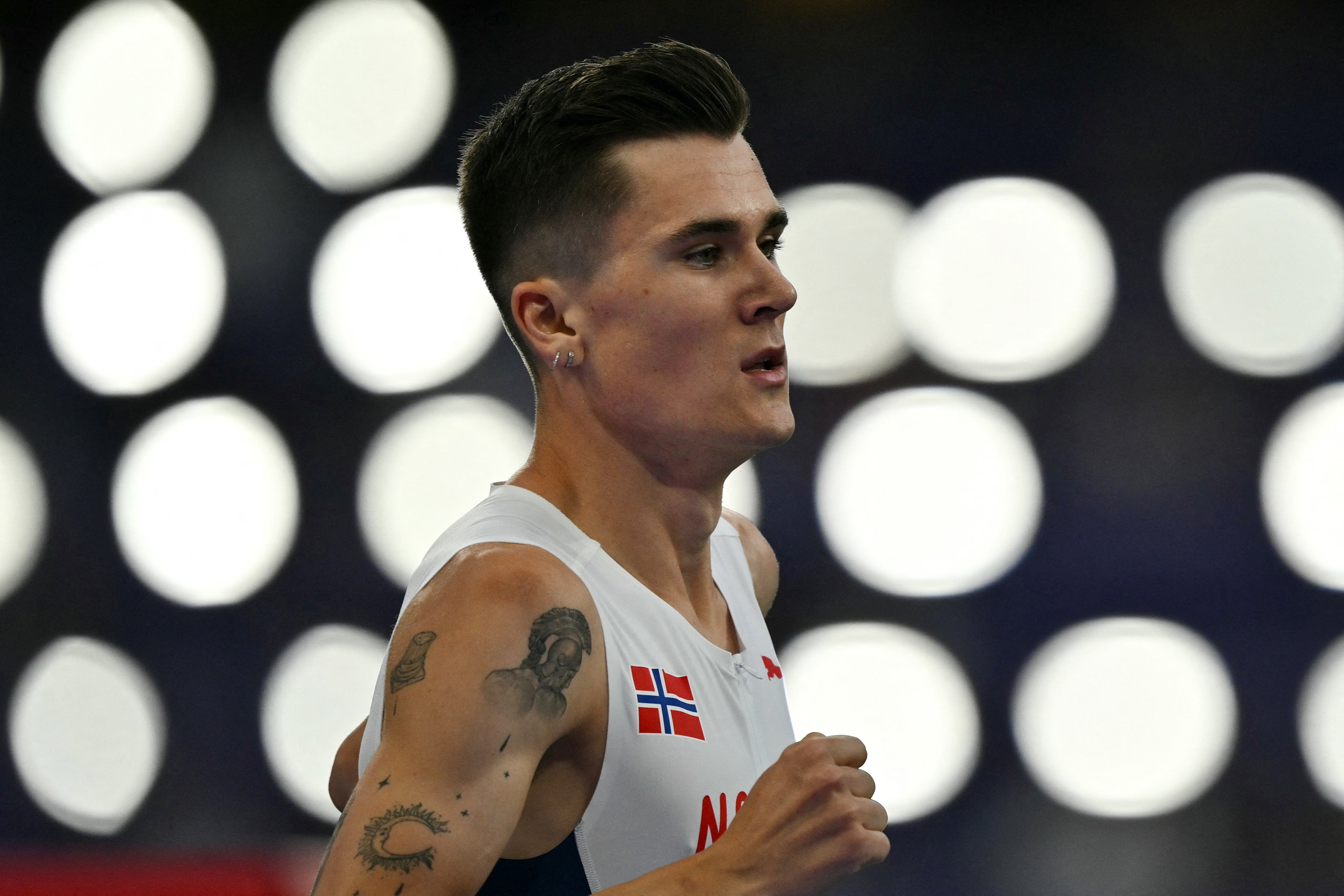 Norway's Jakob Ingebrigtsen reacts after competing in the men's 1500m final