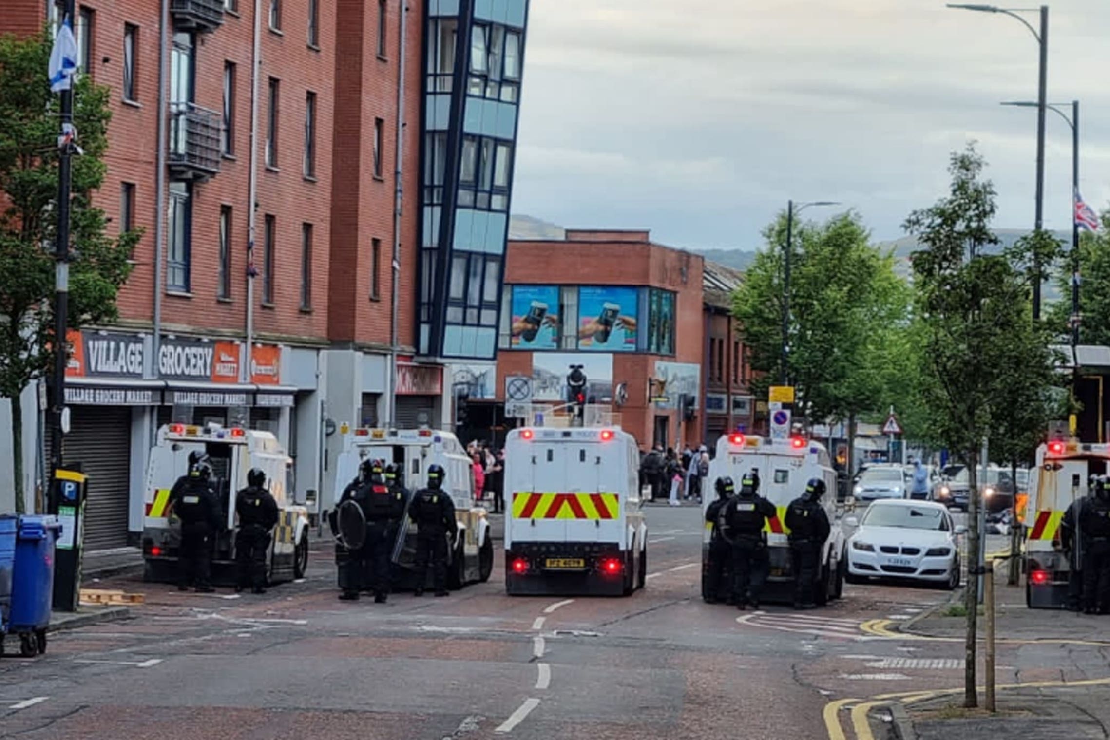 PSNI officers man road blocks in Belfast following an anti-Islamic protest outside Belfast City Hall. Picture date: Saturday August 3, 2024.