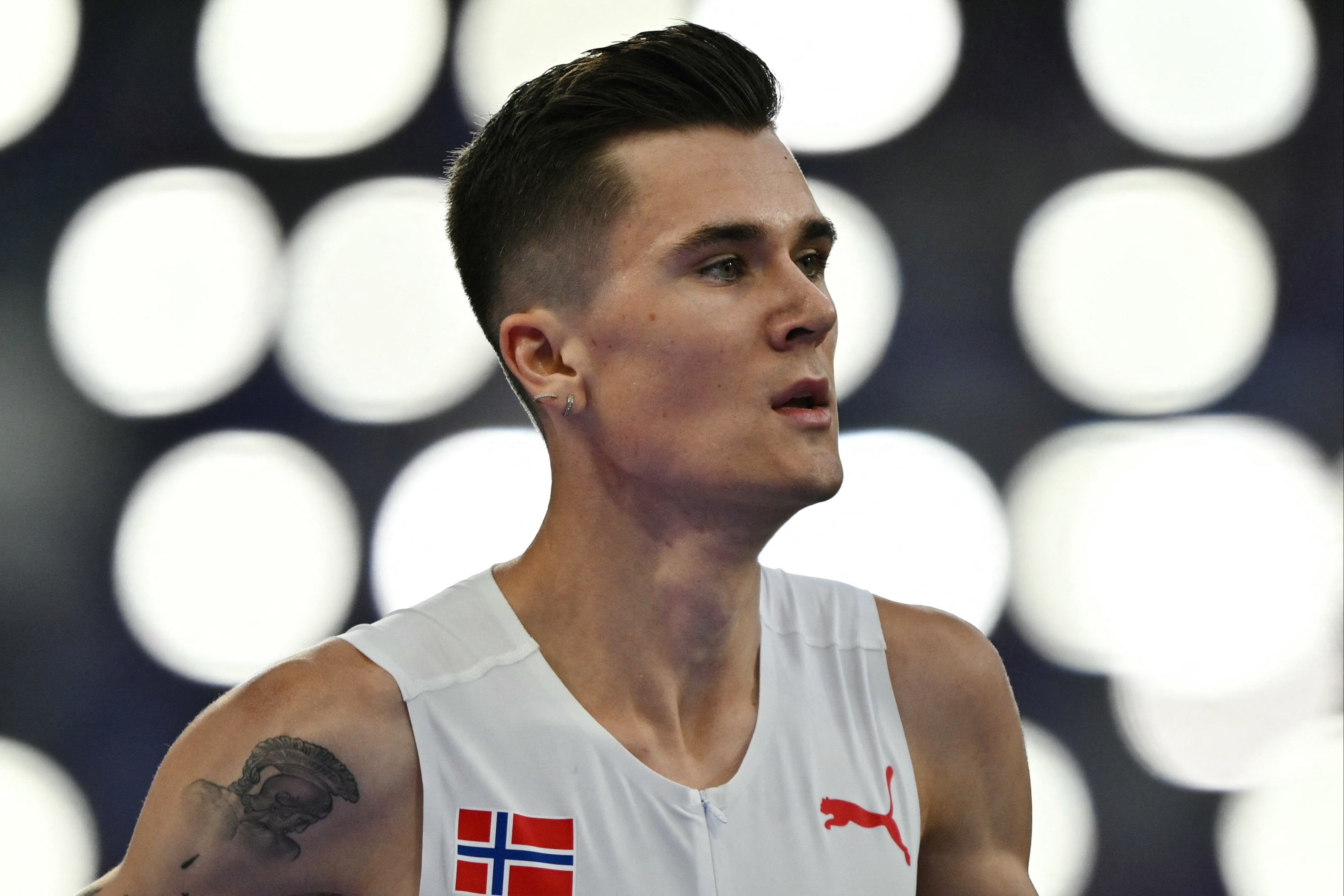 Jakob Ingebrigtsen of Norway reacts after a shock defeat in the men’s 1500m