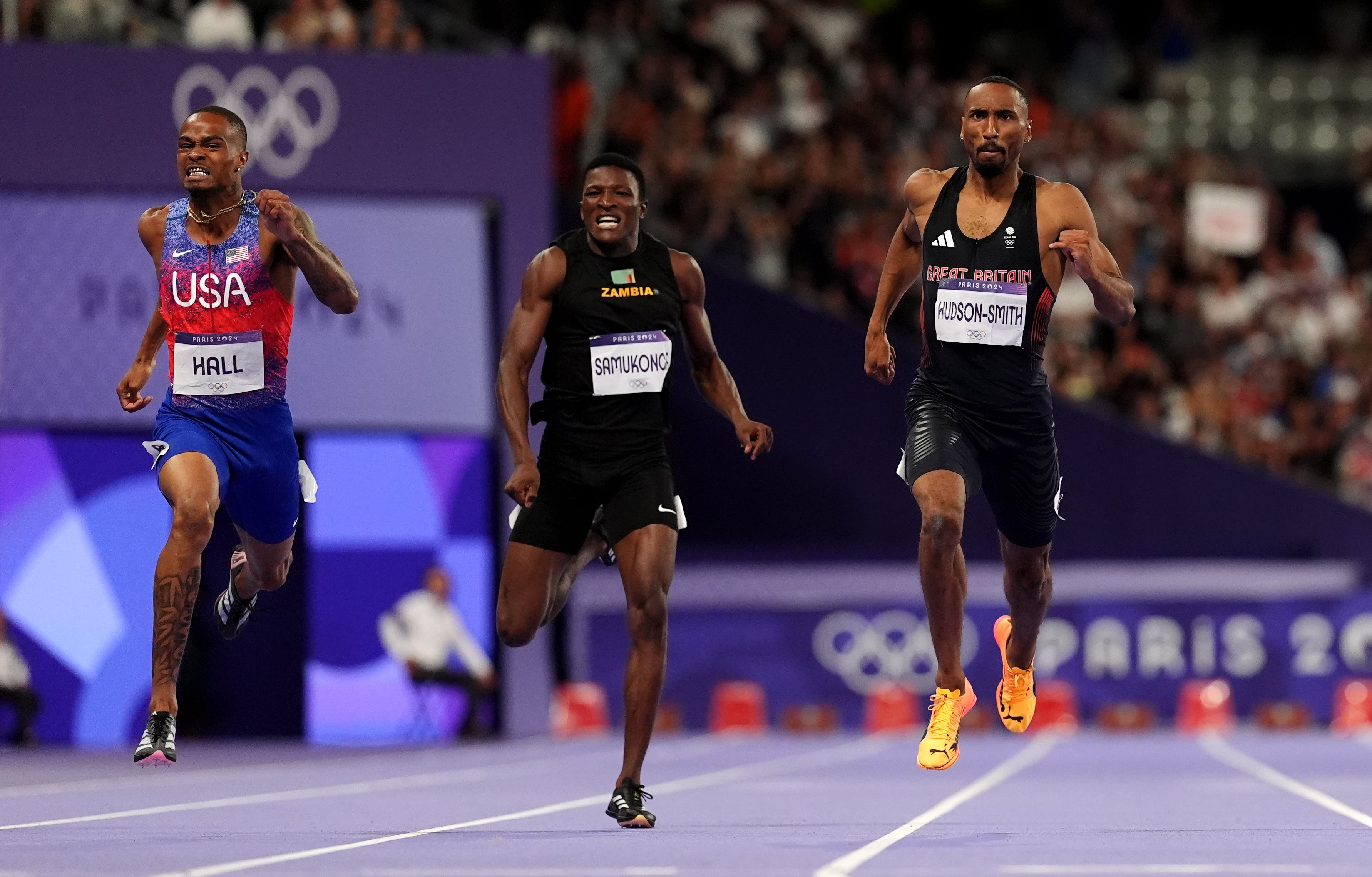 USA's Quincy Hall (left) on his way to winning the men's 400m final