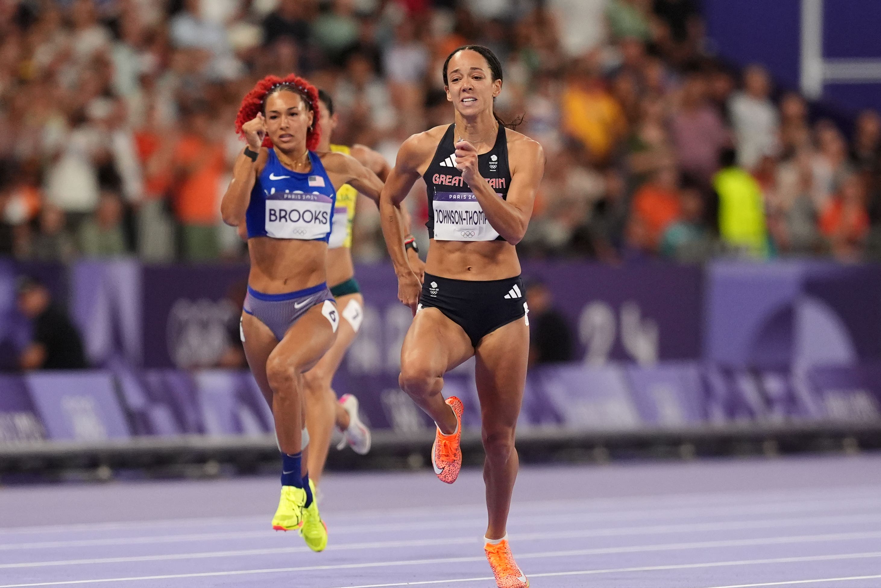 Great Britain’s Katarina Johnson-Thompson en route to winning her 200 metres heat in the heptathlon and taking a 48-point lead into day two (Martin Rickett/PA).