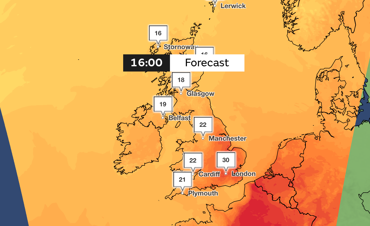 Temperatures will soar over the weekend and into next week, according to the Met Office. Pictured: Monday’s forecast