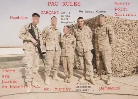 Cullen Tiernan, left, pictured with JD Vance, second from right, during their deployment to Iraq in 2005/6. The image is scribbled with inside jokes.