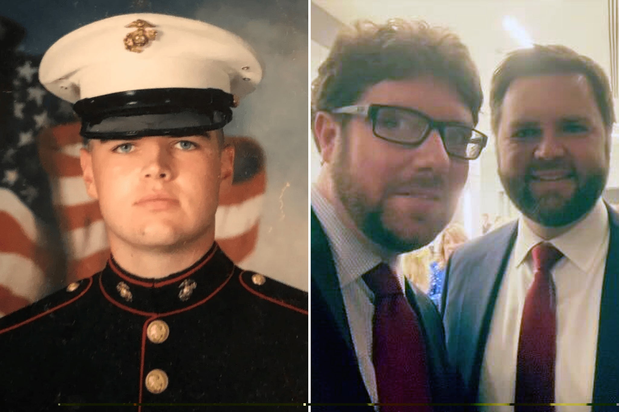 Left: Official portrait of JD Vance by US Marine Corps, dated 2003. Right: Fellow marine Cullen Tiernan and JD Vance.