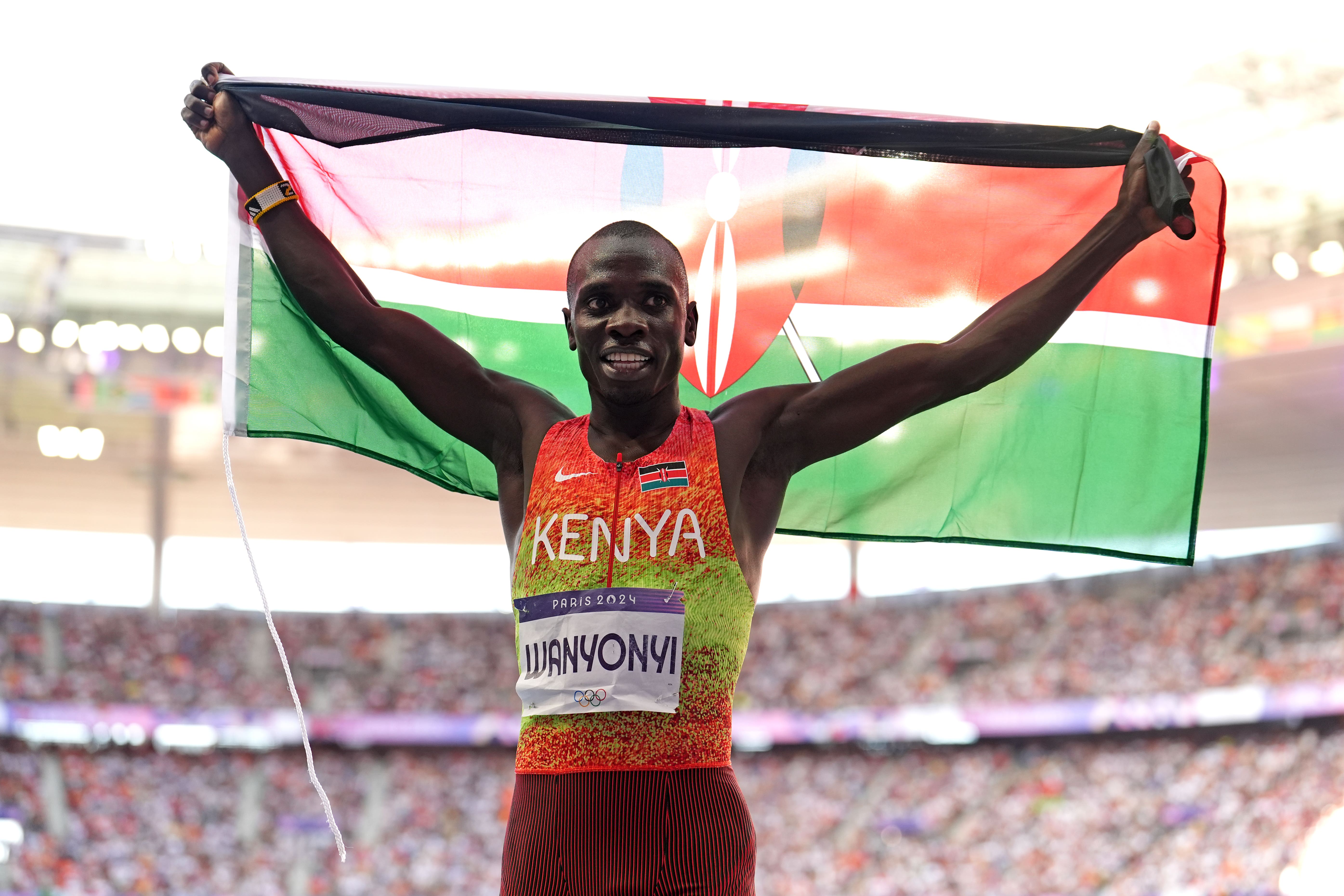 Kenya’s Emmanuel Wanyonyi celebrates winning gold in the men’s 800 metres final (Martin Rickett/PA).