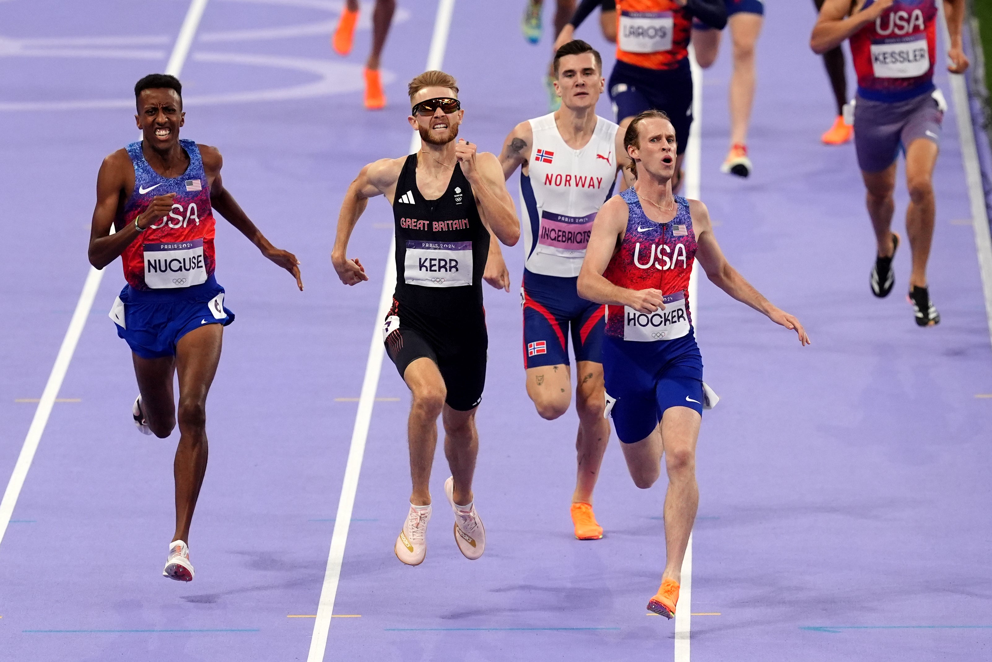 Reigning Olympic 1500m champion Jakob Ingebrigtsen (second from right) trails in fourth behind American winner Cole Hocker (Martin Rickett/PA)