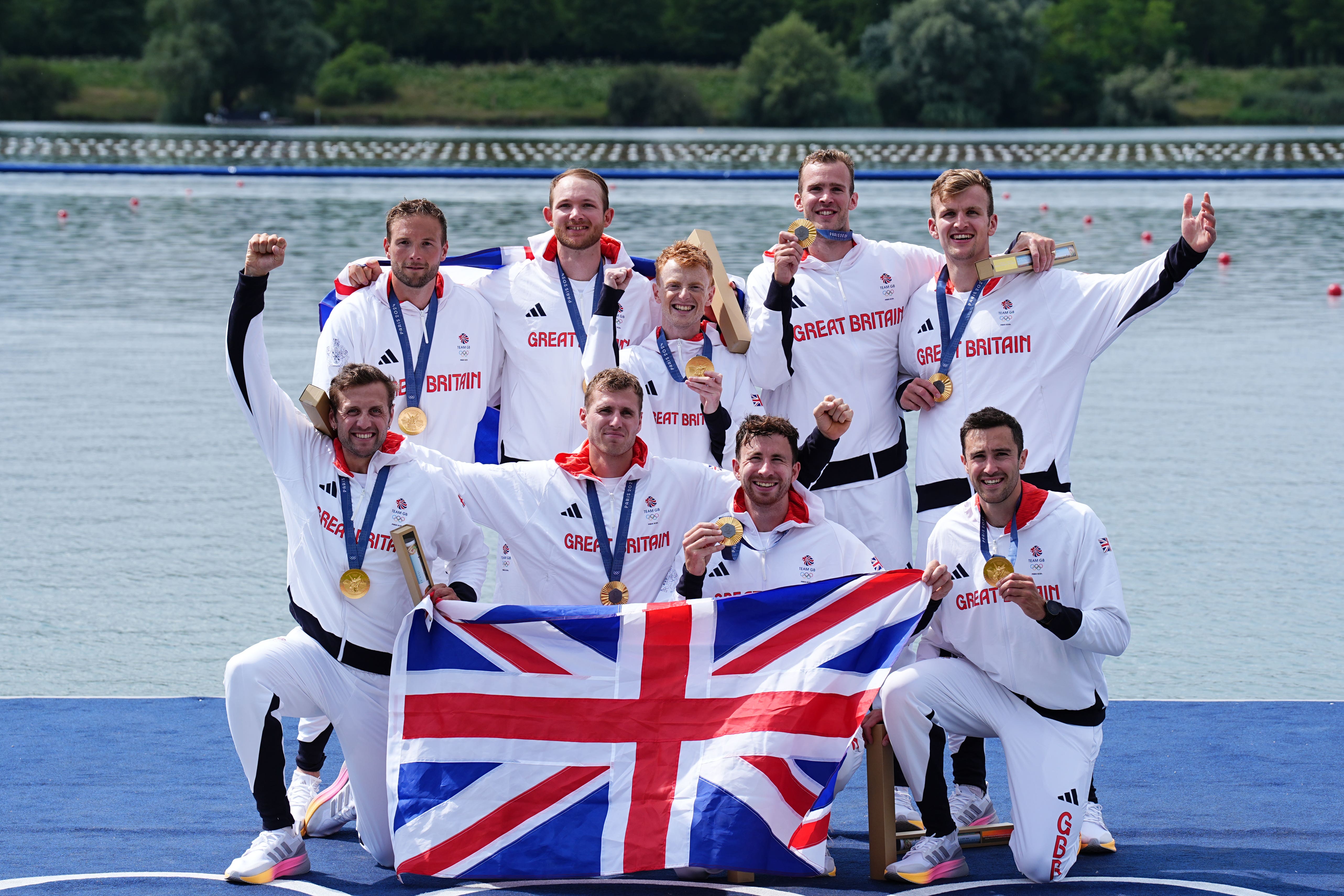 Great Britain’s men’s eight Sholto Carnegie, Rory Gibbs, Morgan Bolding, Jacob Dawson, Charles Elwes, Tom Digby, James Rudkin, Tom Ford plus cox Harry Brightmore with their gold medals (Peter Byrne/PA).