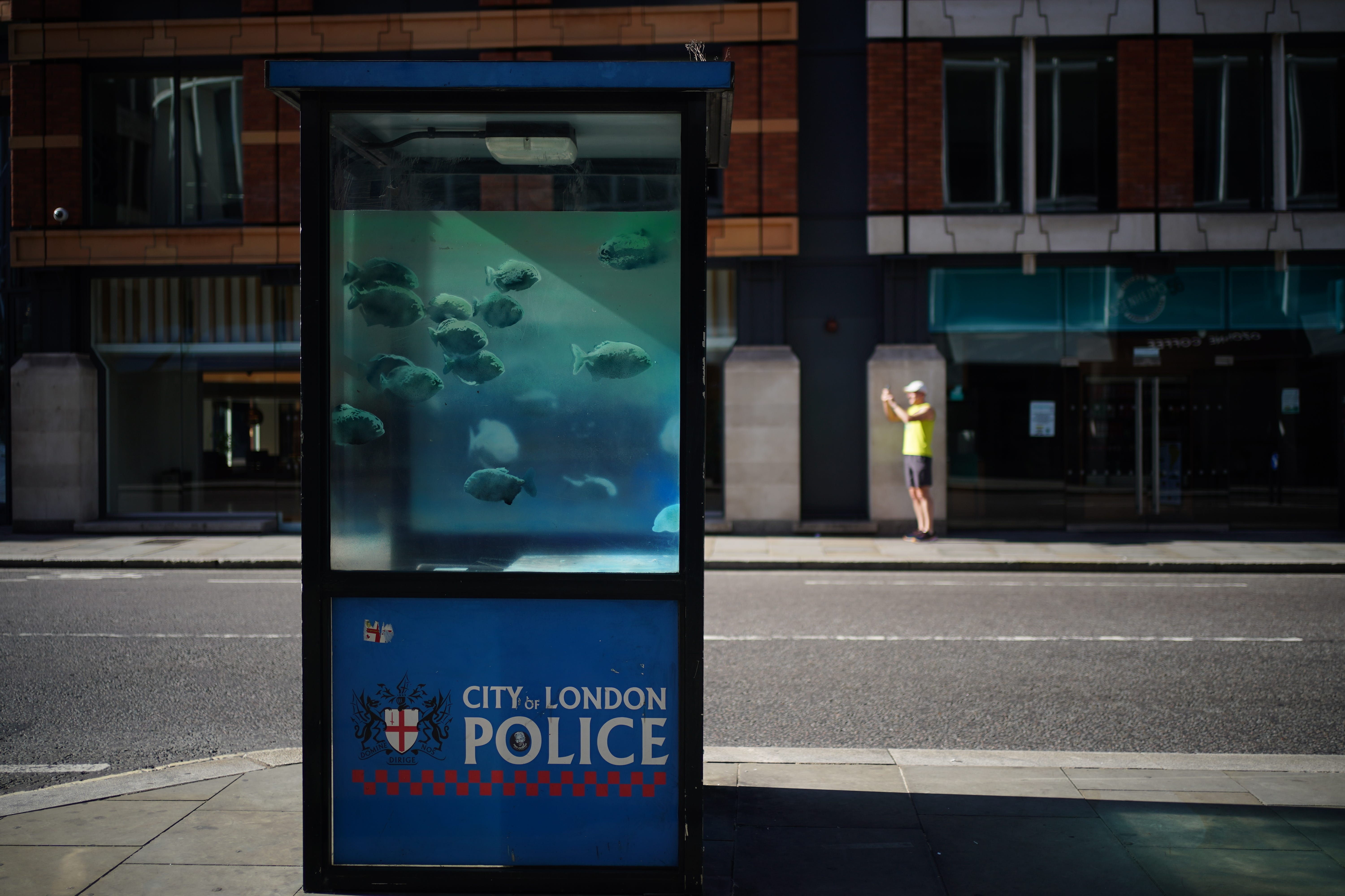 A new swimming fish artwork which appeared on a police sentry box in the City of London