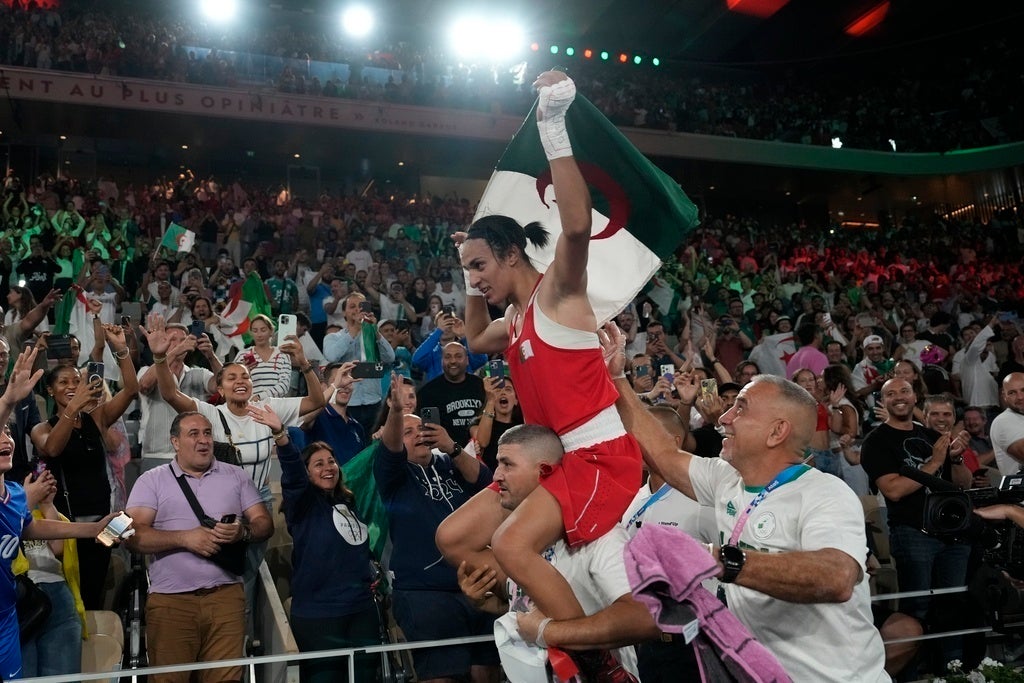 Imane Khelif celebrates her Olympic gold-medal win at the Paris 2024 Games