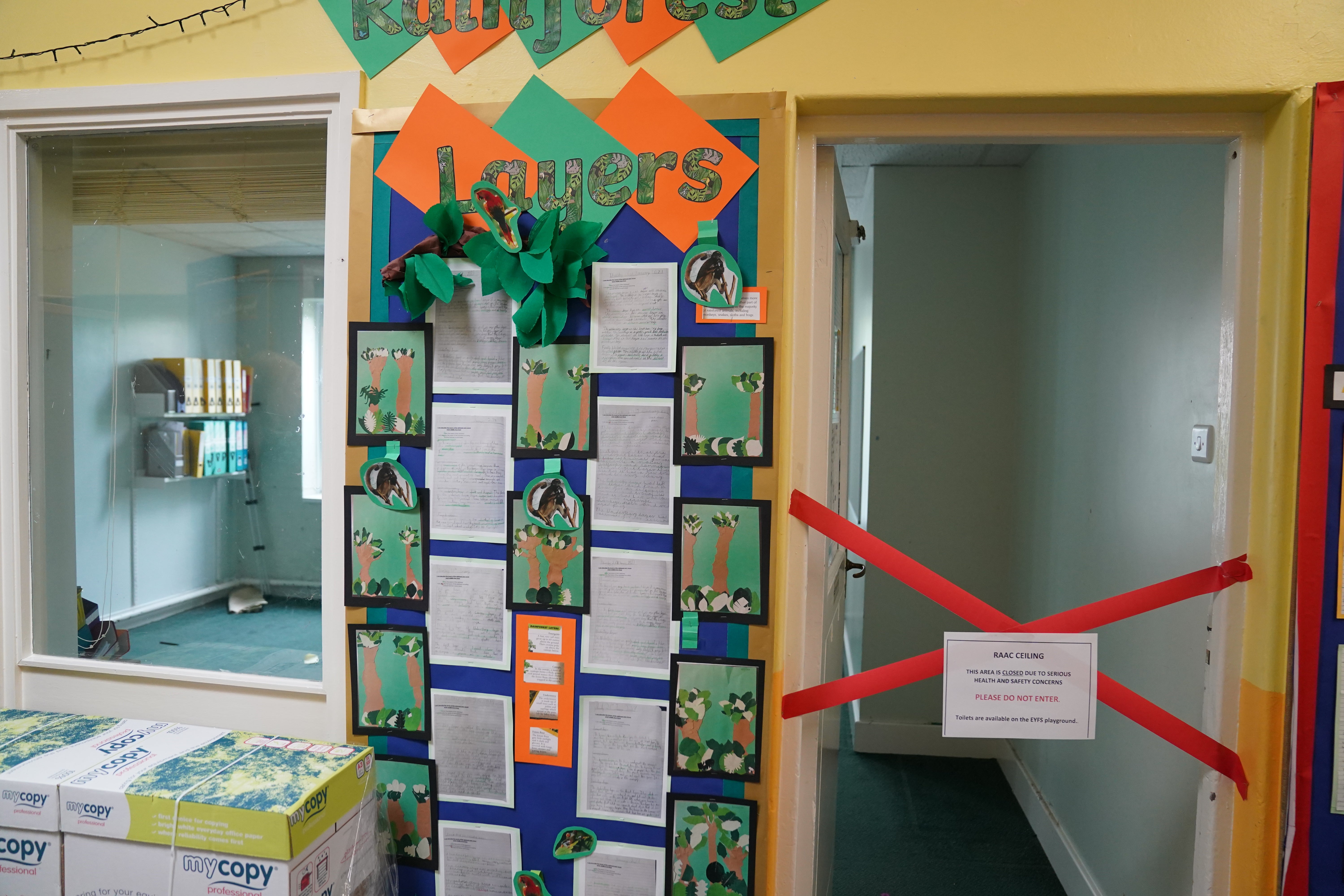 A taped off section inside a school in Leicester which was affected by sub-standard reinforced autoclaved aerated concrete (Raac) (PA)