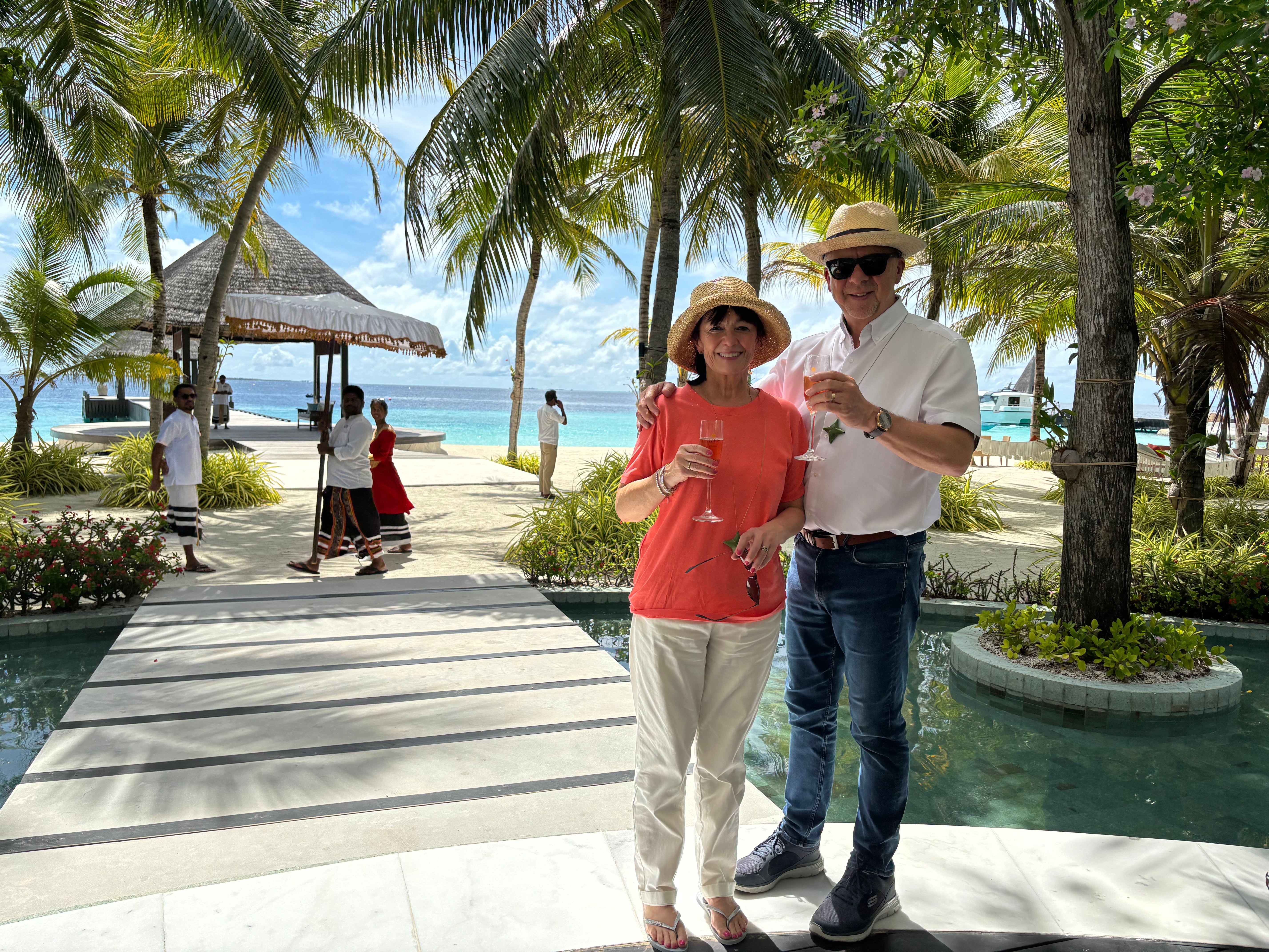 Chris and his wife, Carole, at Bolifushi (Chris Wiltshire/PA)