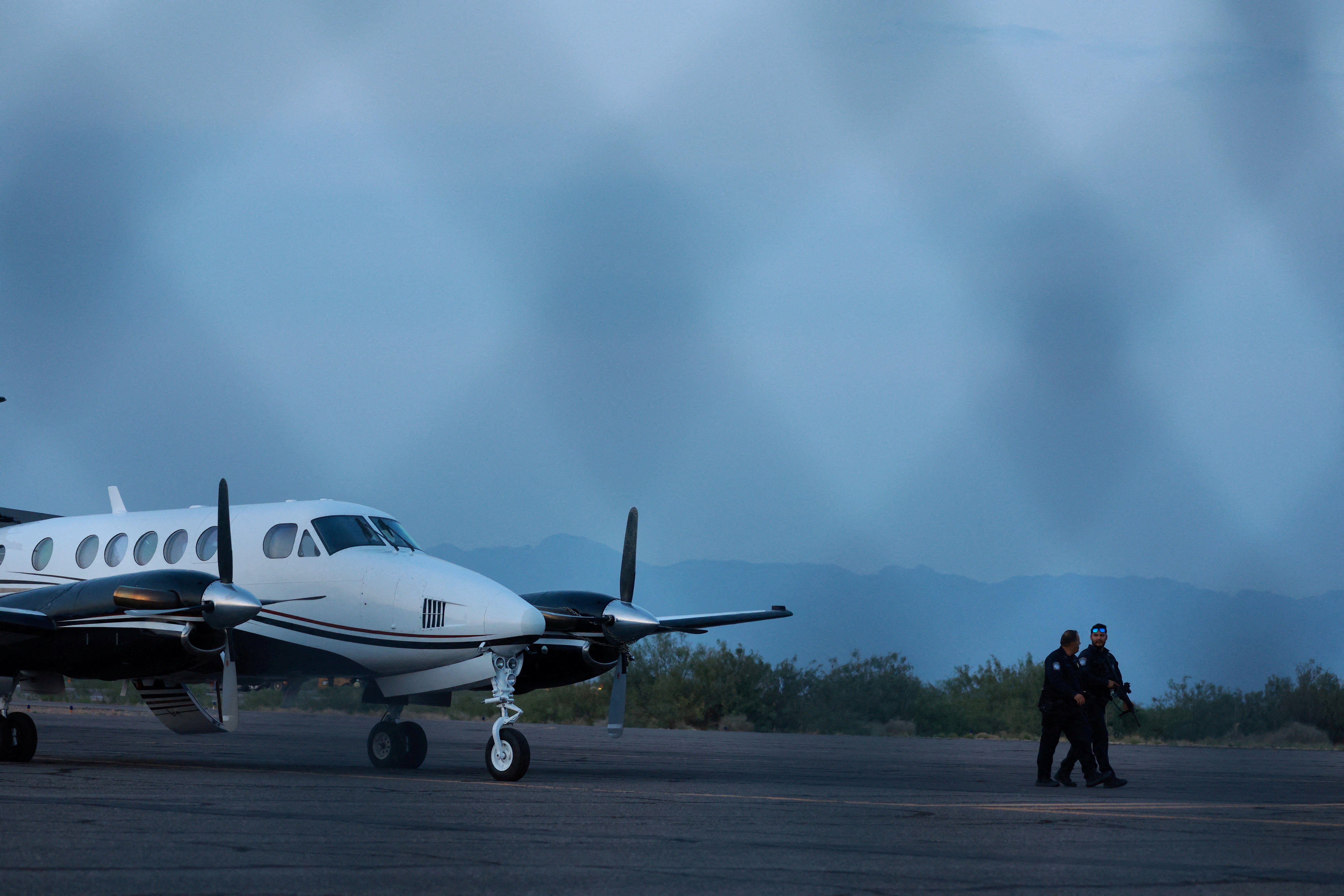 A plane carrying Mexican drug lord Ismael ‘El Mayo’ Zambada and Joaquin Guzman Lopez, the son of Zambada’s former partner, Joaquin ‘El Chapo’ Guzman, who were arrested in El Paso, Texas, is seen on the tarmac of the Dona Ana County private airport, in Santa Teresa, New Mexico on July 25