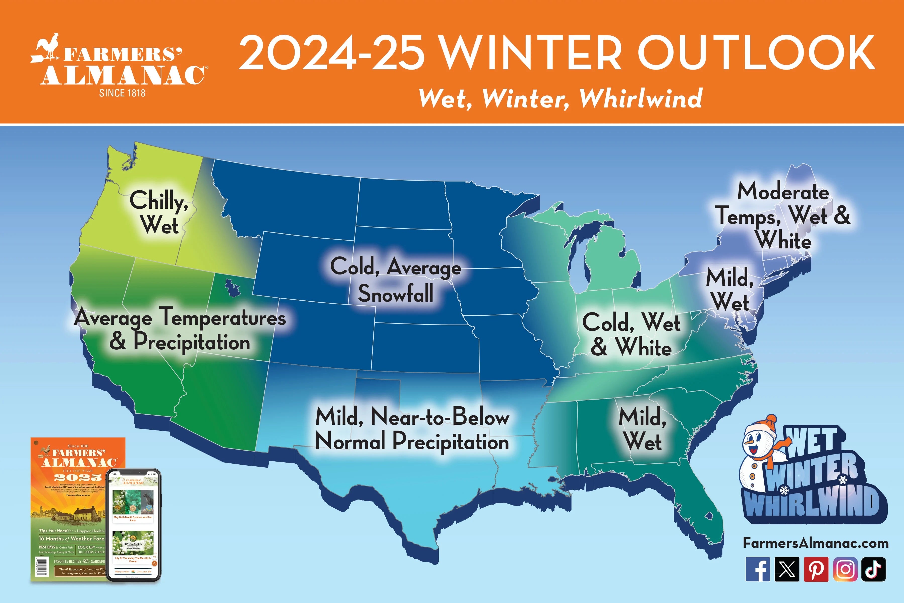 The Farmers’ Almanac 2024-2025 winter outlook. Much of the country is expected to see wet weather and mild temperatures this season.