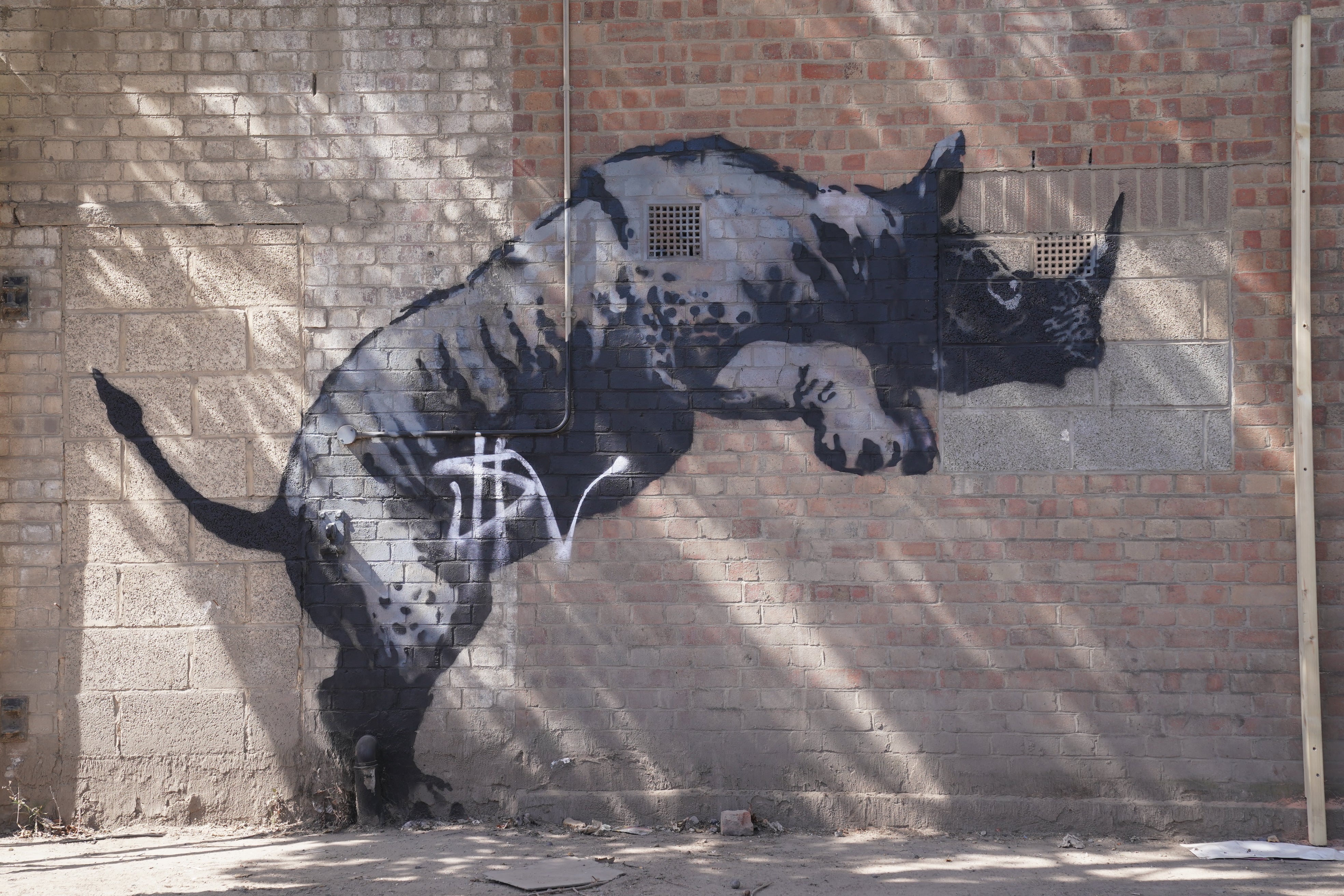 The now-defaced, rhino artwork