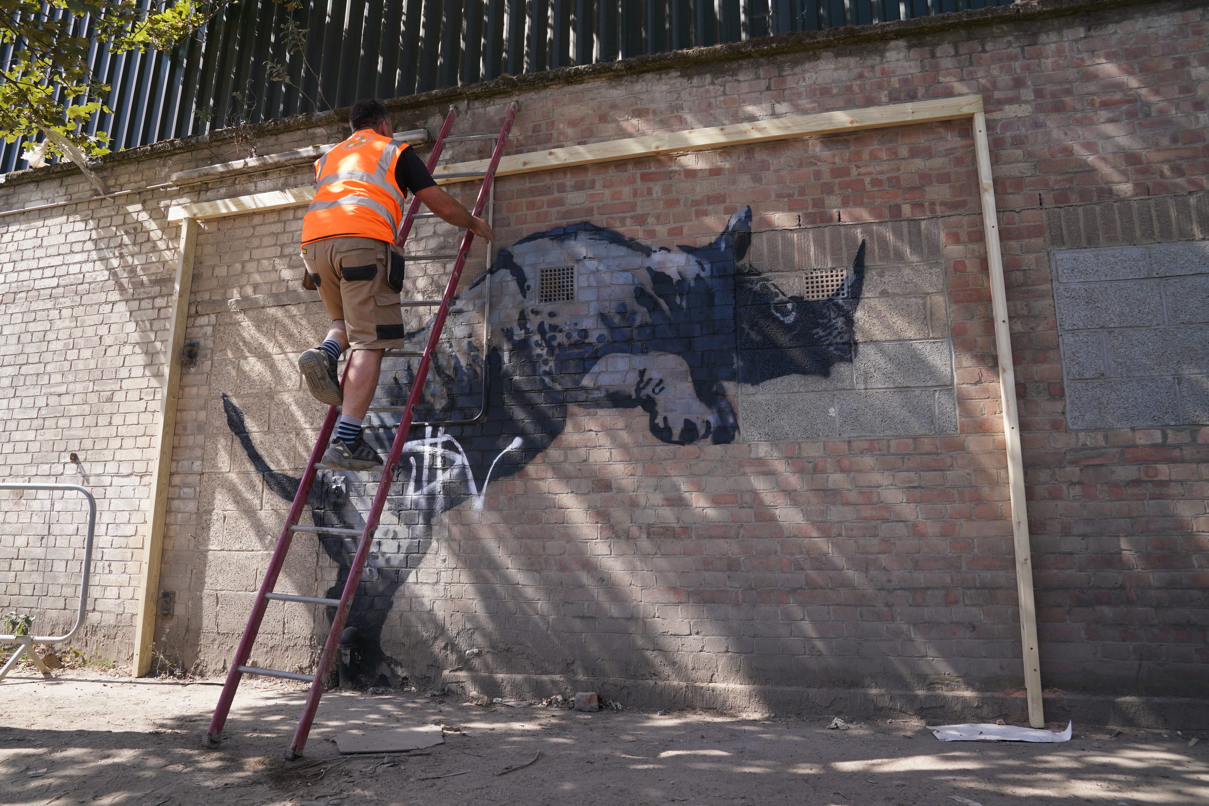 A worker on a ladder starts setting up a protective cover over the now defaced rhino artwork unveiled by Banksy (Lucy North/PA)