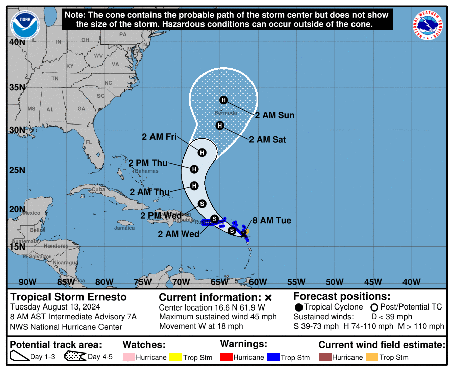 A map of Tropical Storm Ernesto’s predicted path as of Tuesday morning. The storm will likely strengthen to a hurricane by Thursday on its way to Bermuda