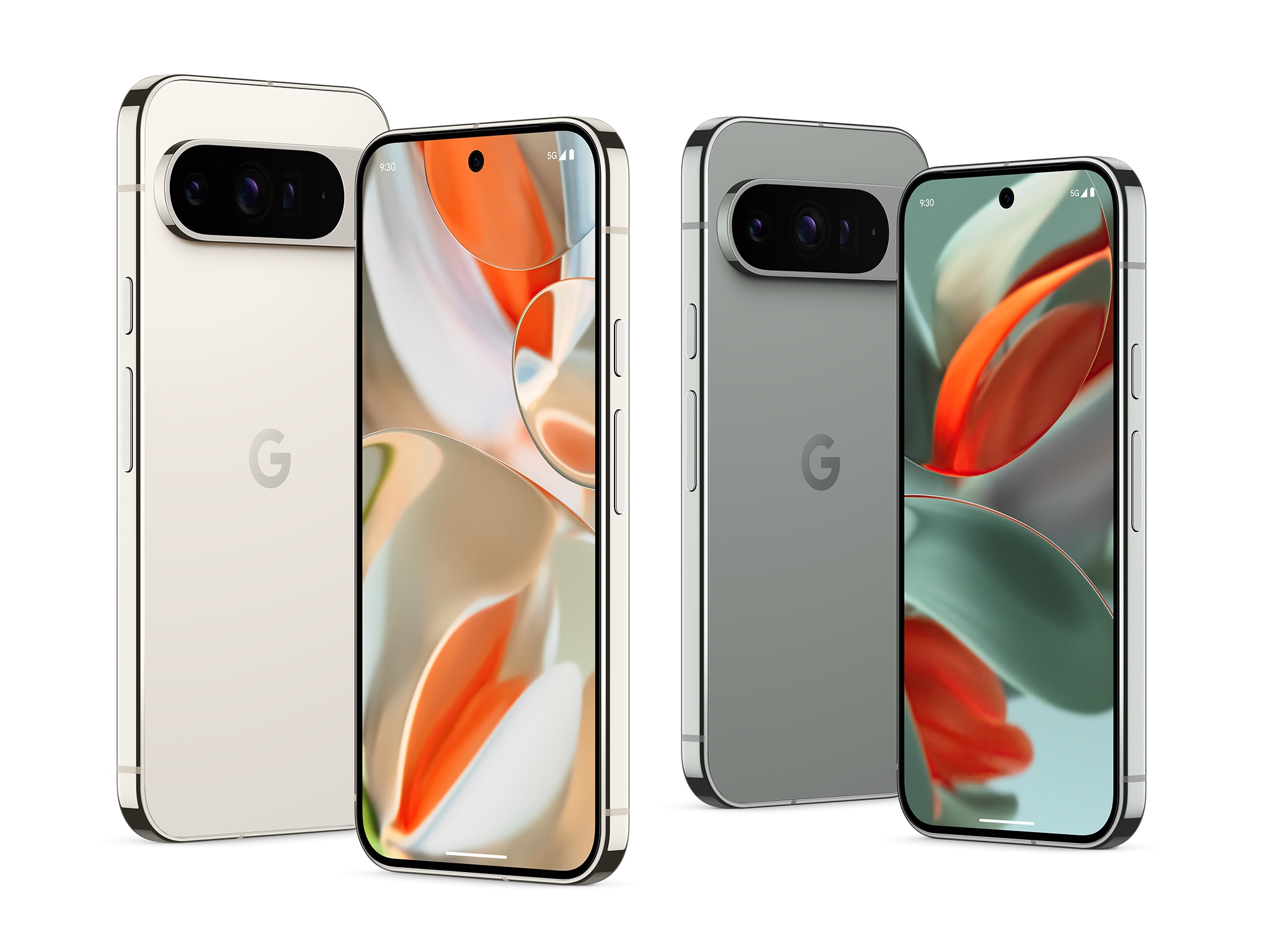 The Pixel 9 Pro XL in porcelain, plus the Pixel 9 Pro in hazel