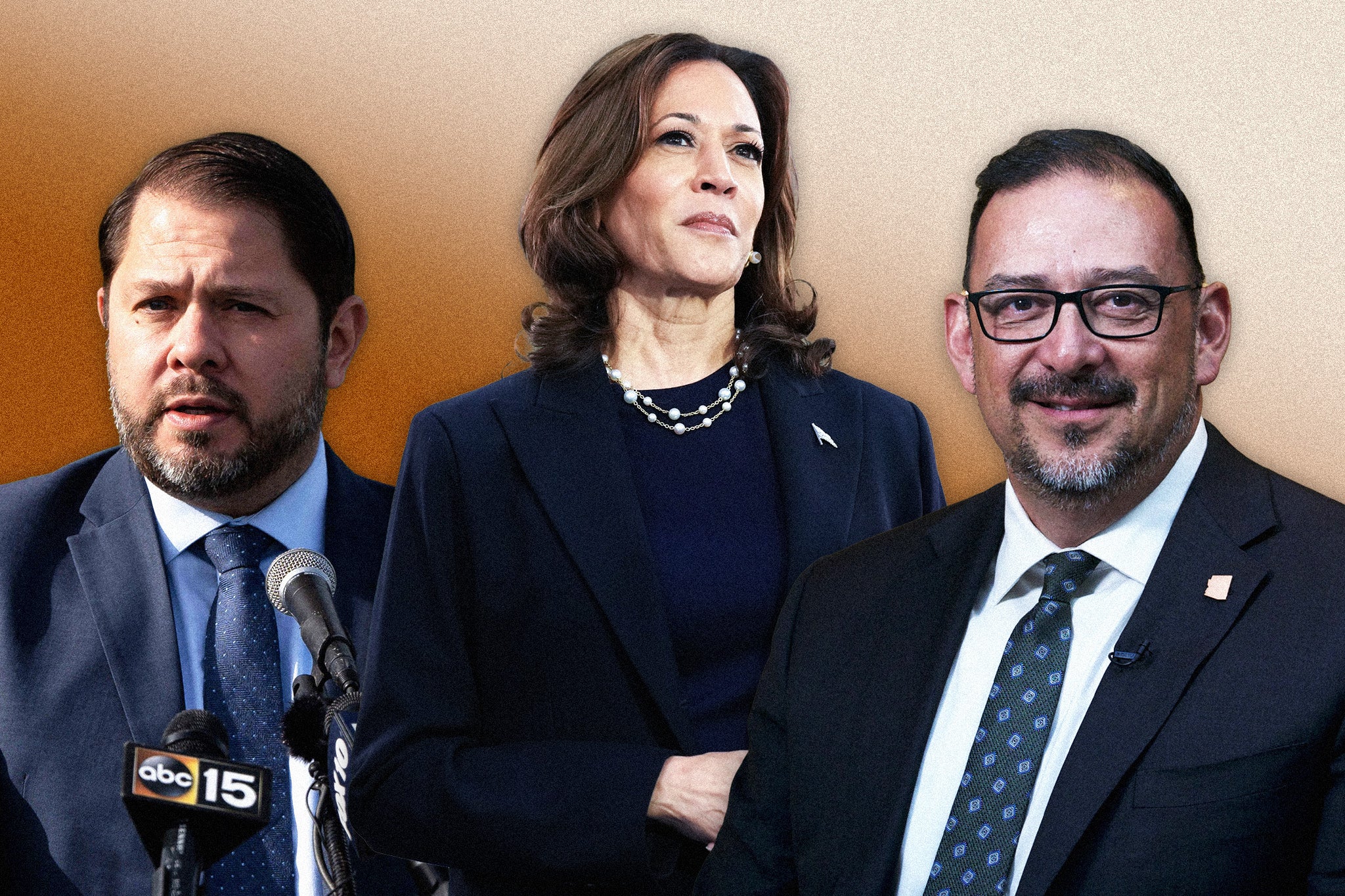 From left: Ruben Gallego, Kamala Harris and Adrian Fontes