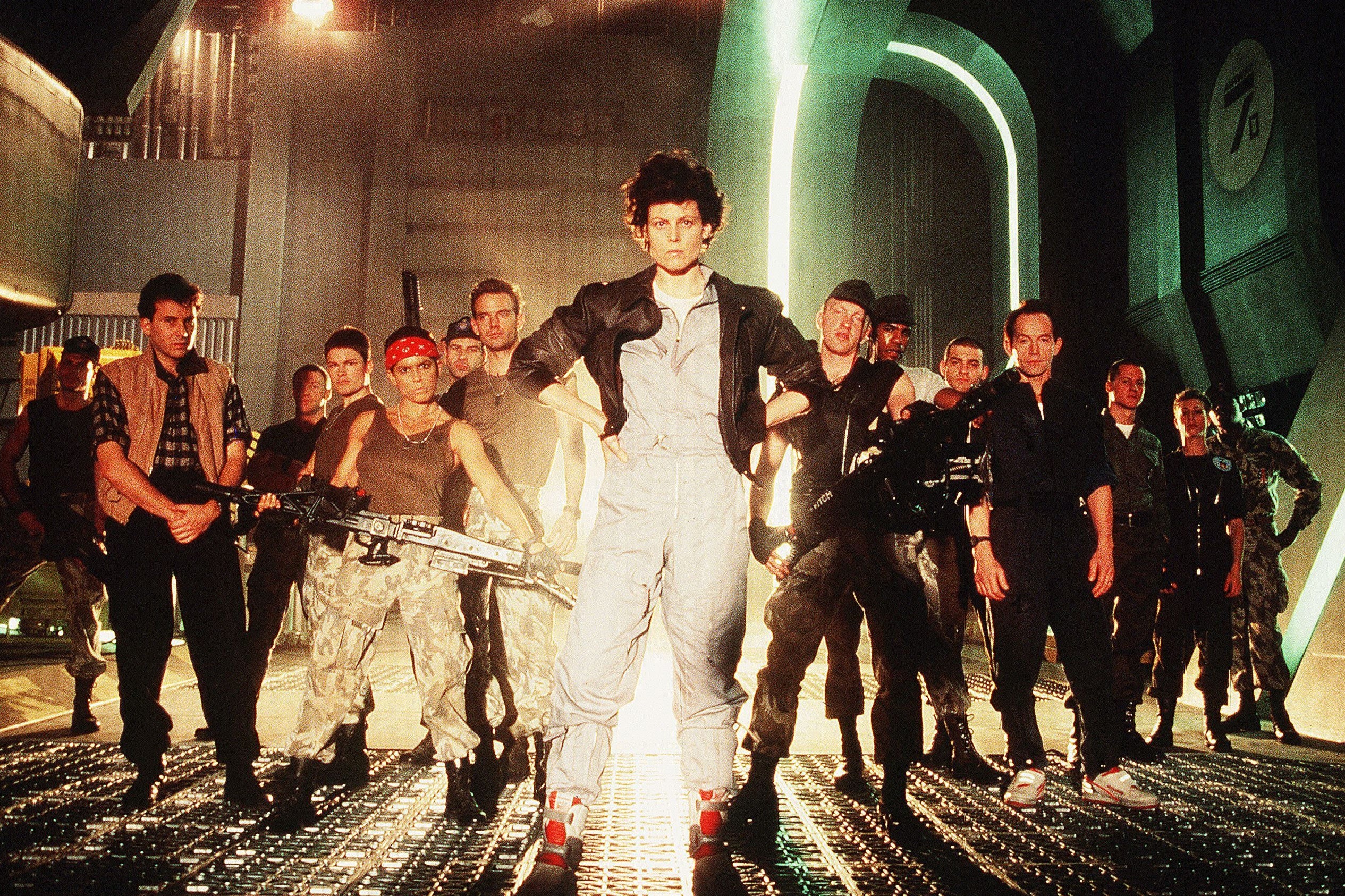 The gang’s all here: Sigourney Weaver’s Ripley with her unit of marines in ‘Aliens’