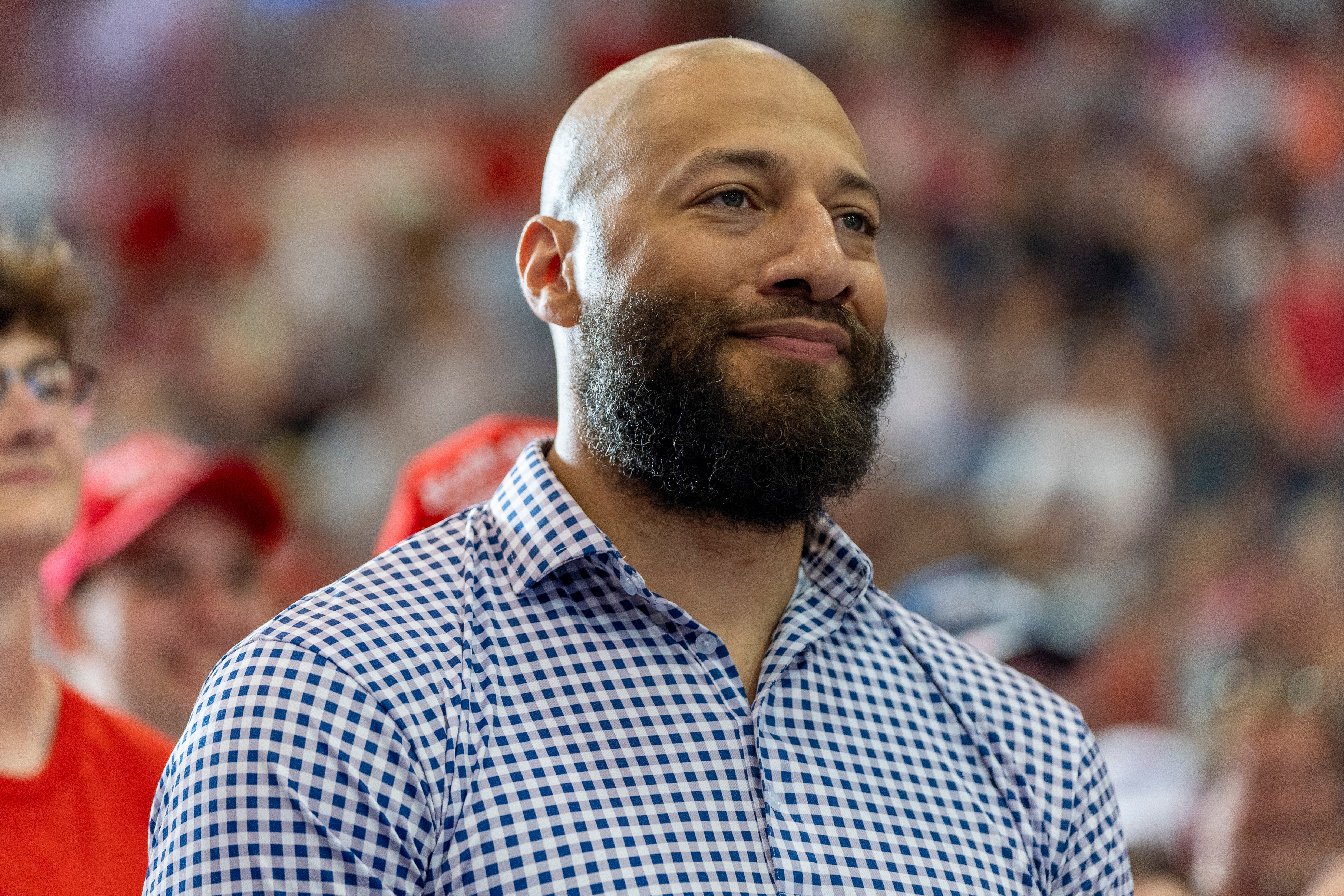 Royce White, candidate the Senate, at a campaign rally in July. He will face Senator Amy Klobuchar in November after winning the GOP primary on Tuesday