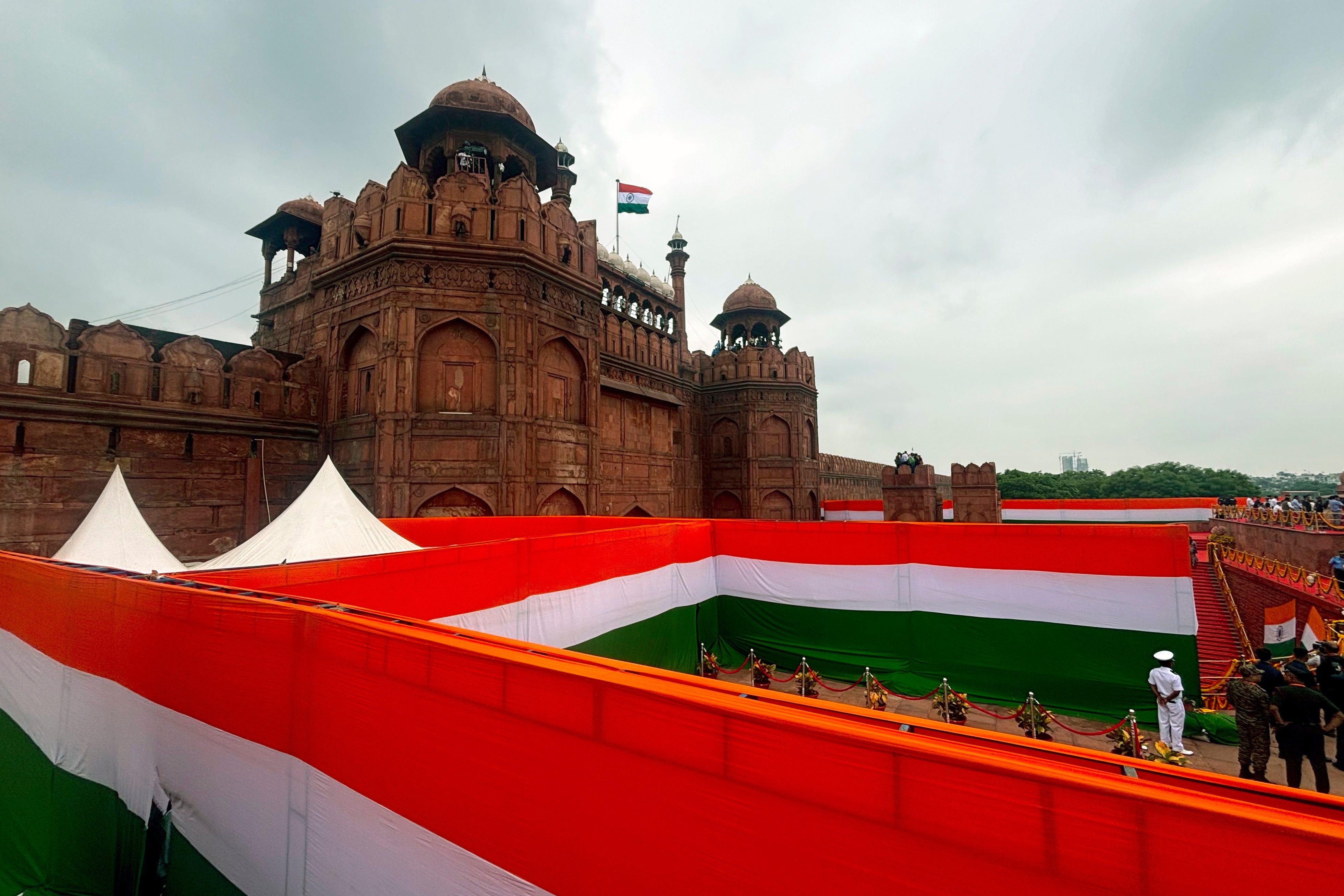 Front compound of the Red Fort is decorated for Independence Day celebrations in Delhi on 15 August 2024