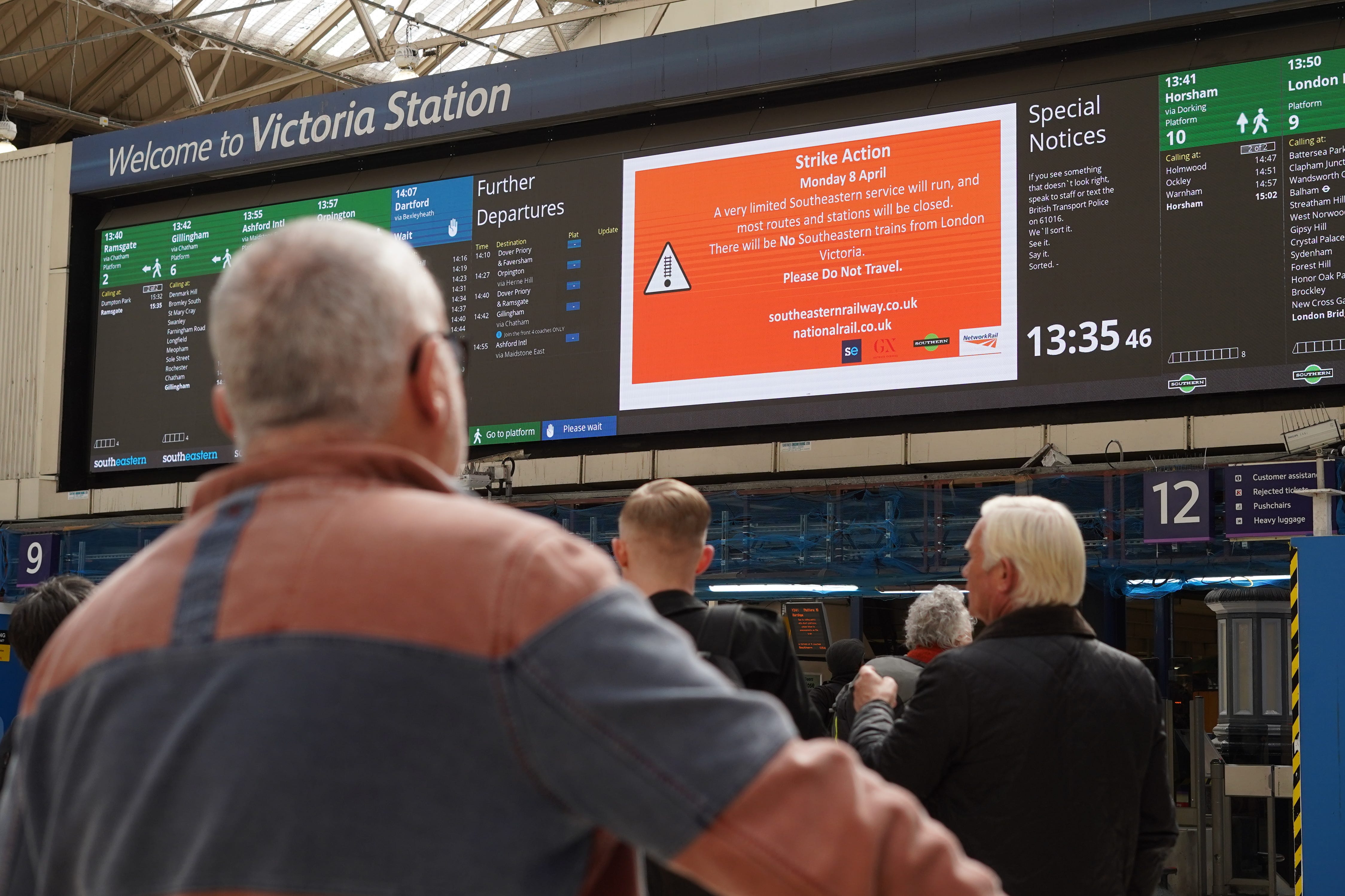 Signage at Victoria Station in London as train drivers from the Aslef union launched a wave of walkouts in April (Lucy North/PA)