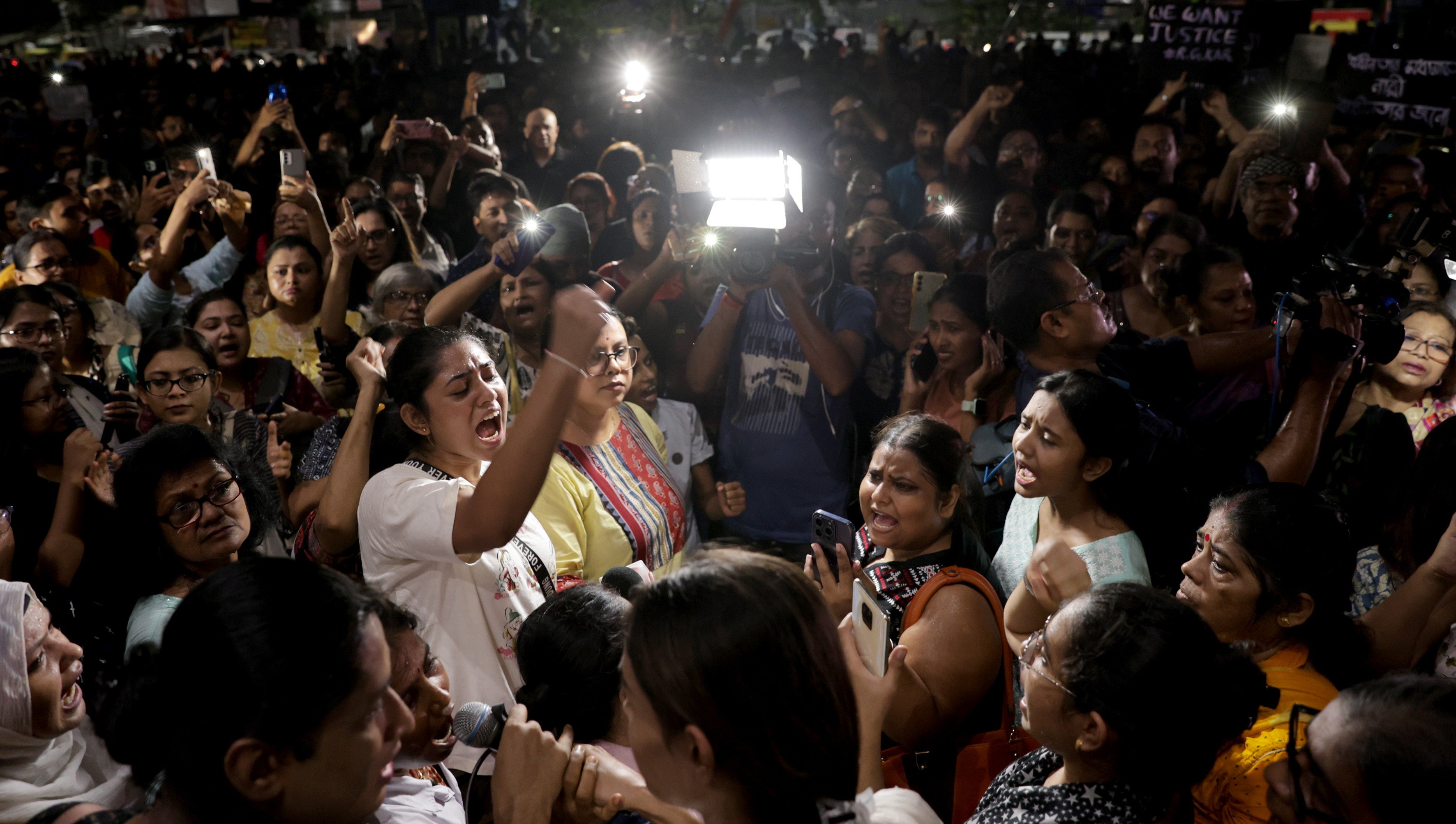 A protest takes place in Kolkata following an alleged rape and murder incident at RG Kar Medical College and Hospital