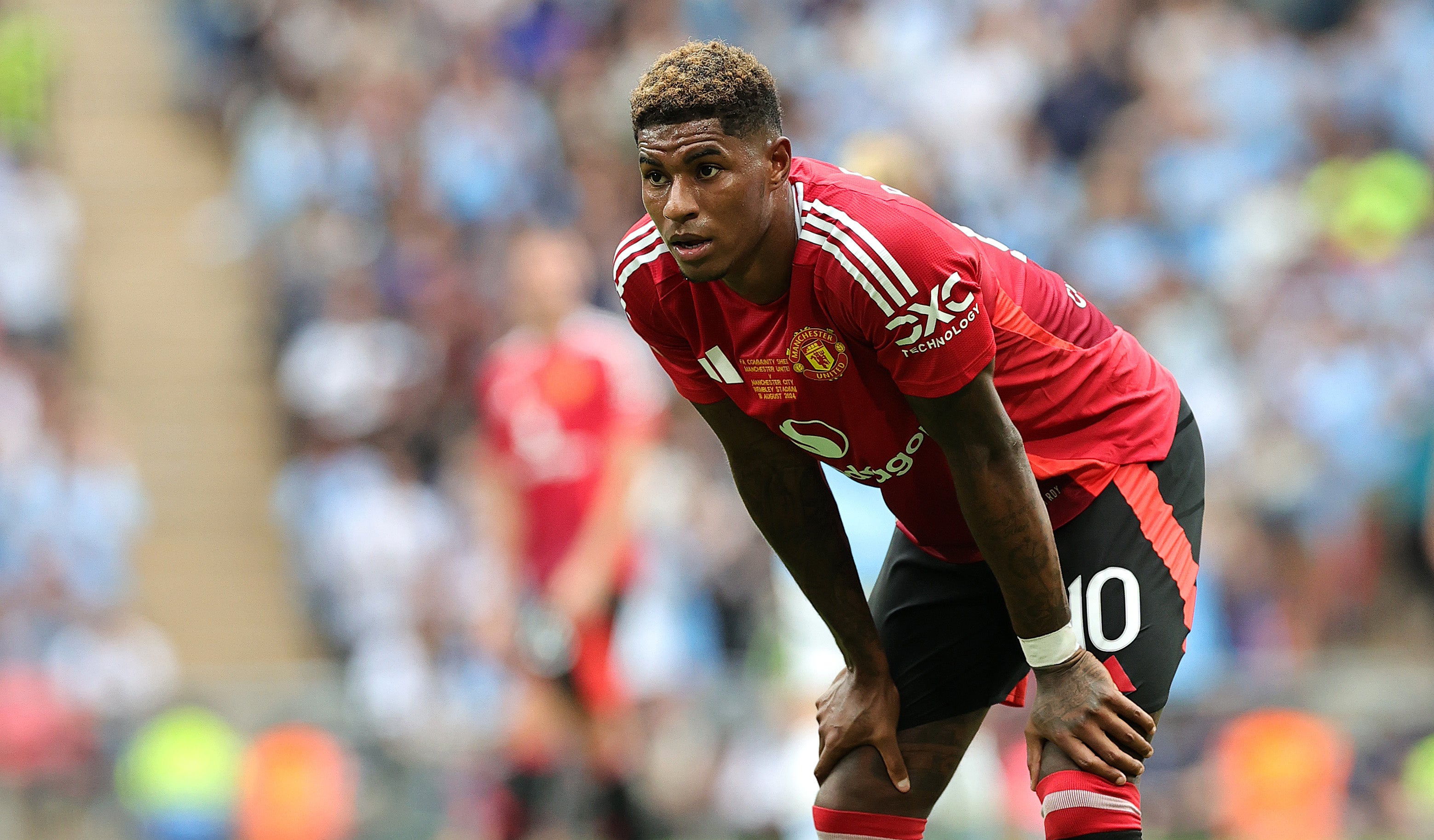 Marcus Rashford of Manchester United looks on during the 2024 FA Community Shield