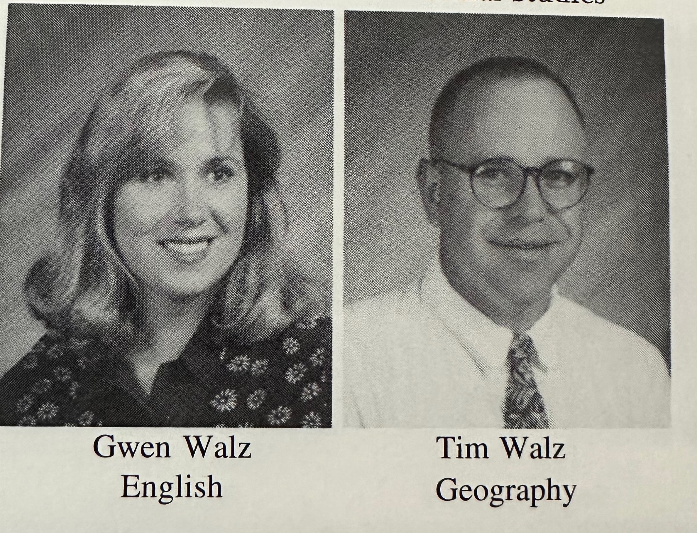 Tim Walz and Gwen Walz are photographed in a yearbook from Minnesota’s Mankato West High School, where he taught from 1996 to 2006