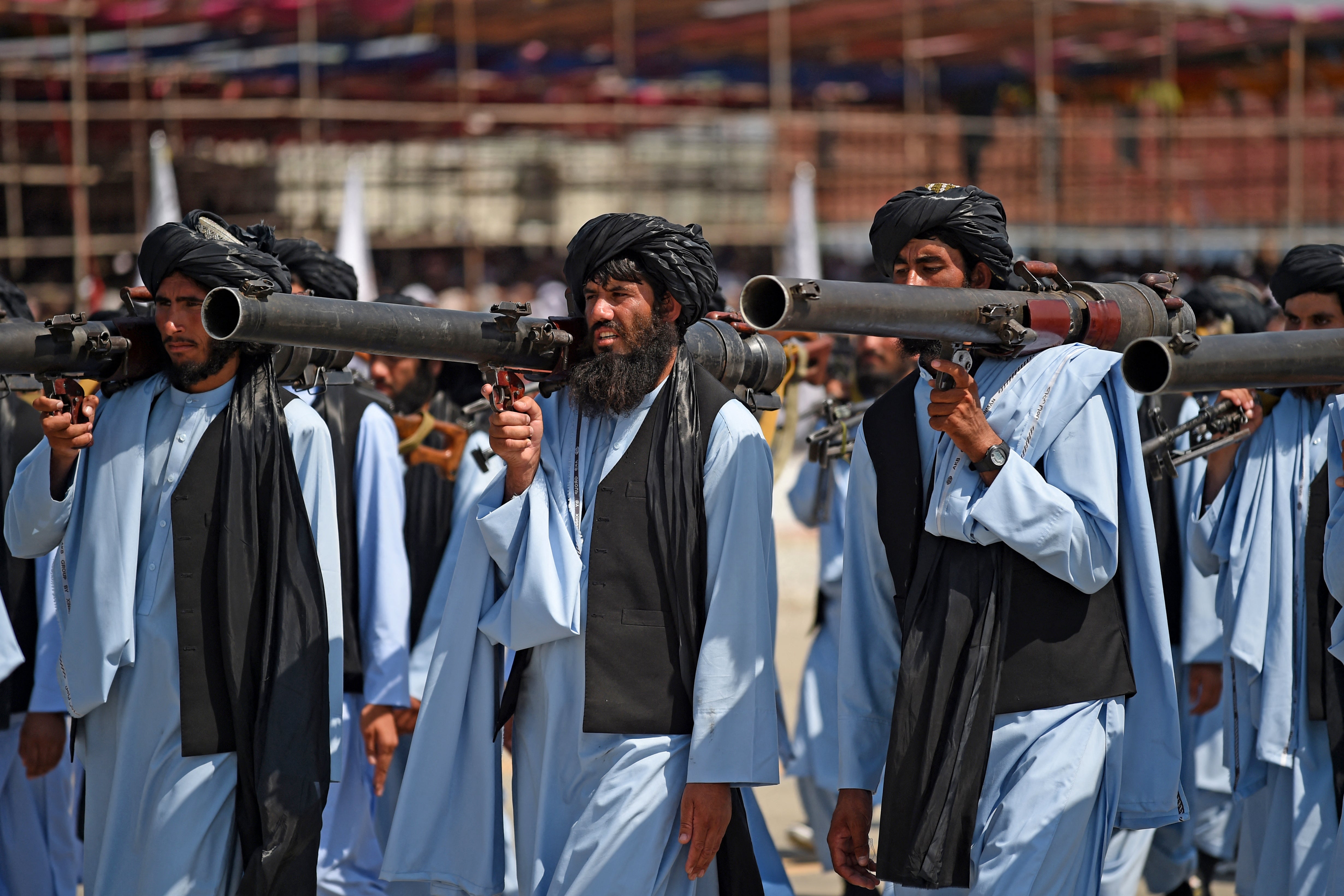 Taliban security personnel in a military parade at Bagram, the former US airbase in Parwan province