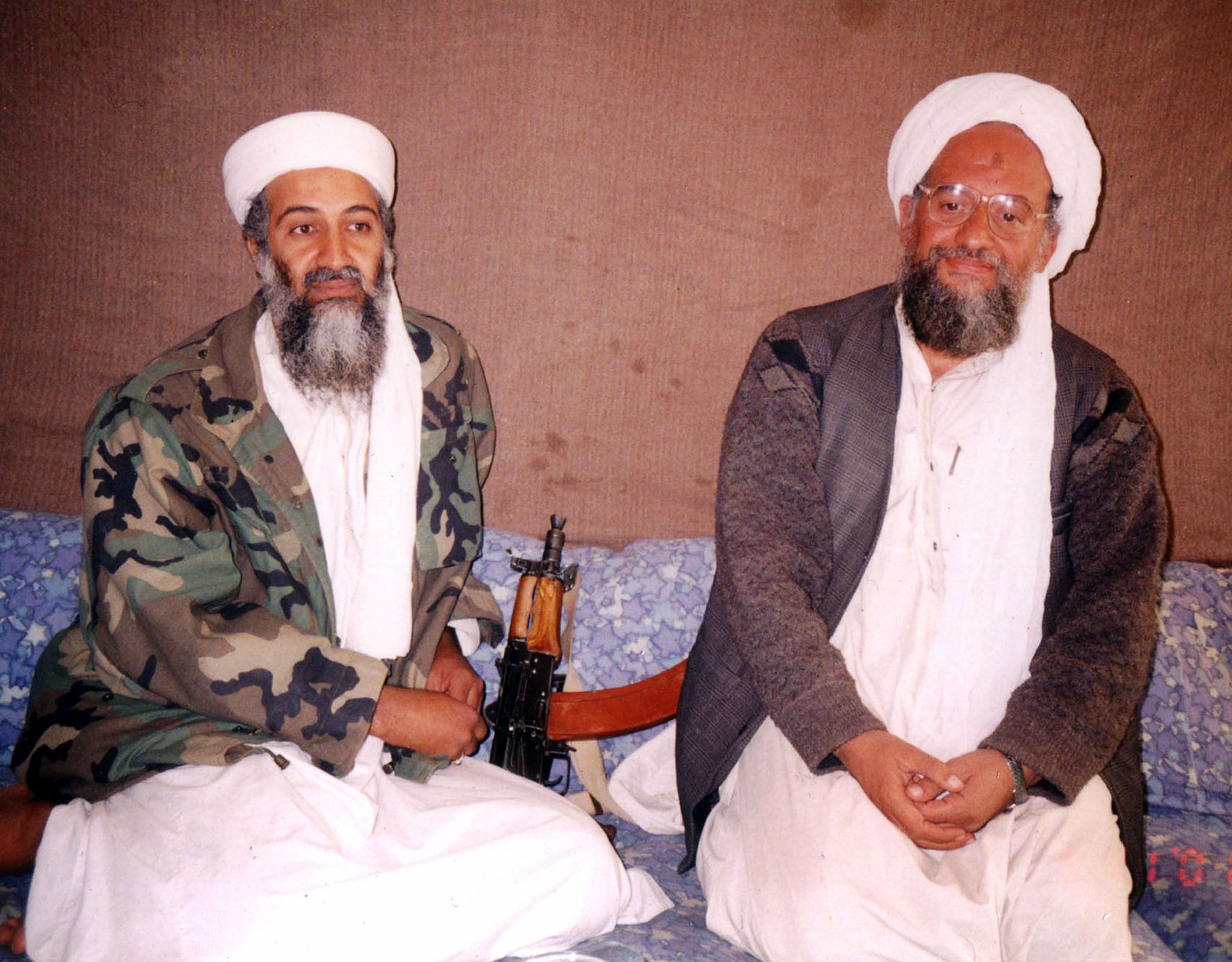 Osama bin Laden sits with his adviser Ayman al-Zawahiri at an undisclosed location in Afghanistan