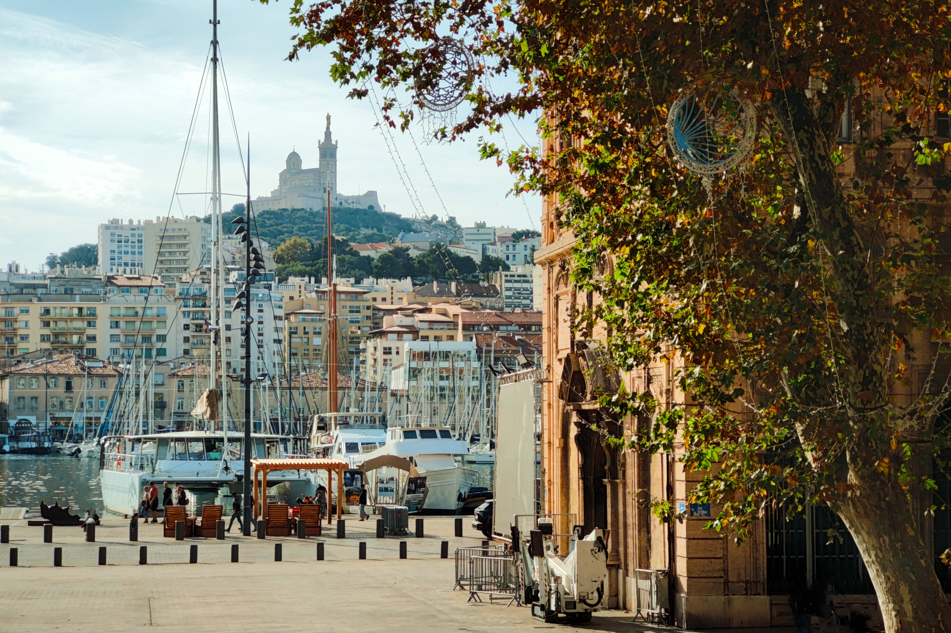 A view of Basilica Notre Dame de la Garde from Marseille’s lively Old Port