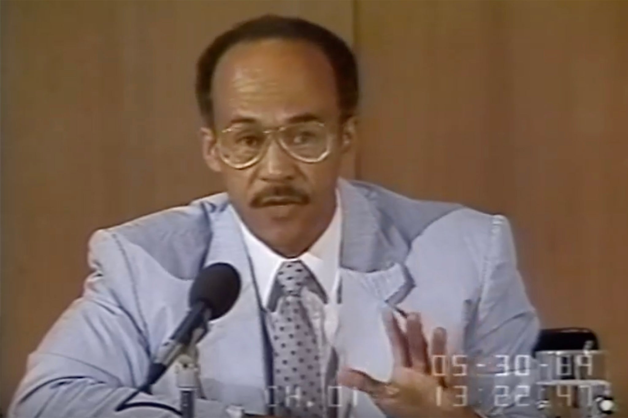 Donald J Harris, father of the US vice president and Democratic presidential candidate, is pictured in a panel of American university professors in 1989; he’s currently an 85-year-old Stanford economics professor eremitus