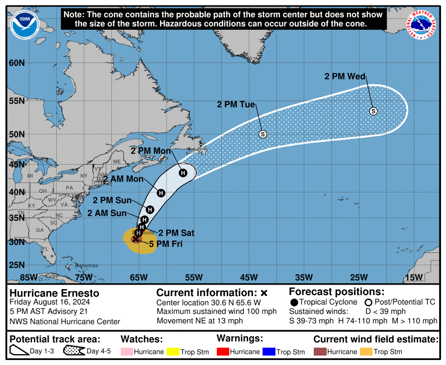 Hurricane Ernesto’s projected path as of Friday night. The Category 2 storm is set to hit Bermuda on Saturday